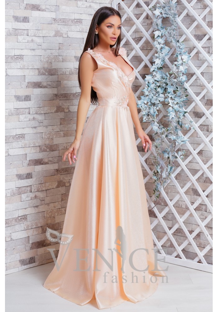Rochie Pavlova somon lunga pretioasa cu aplicatii florale 3D