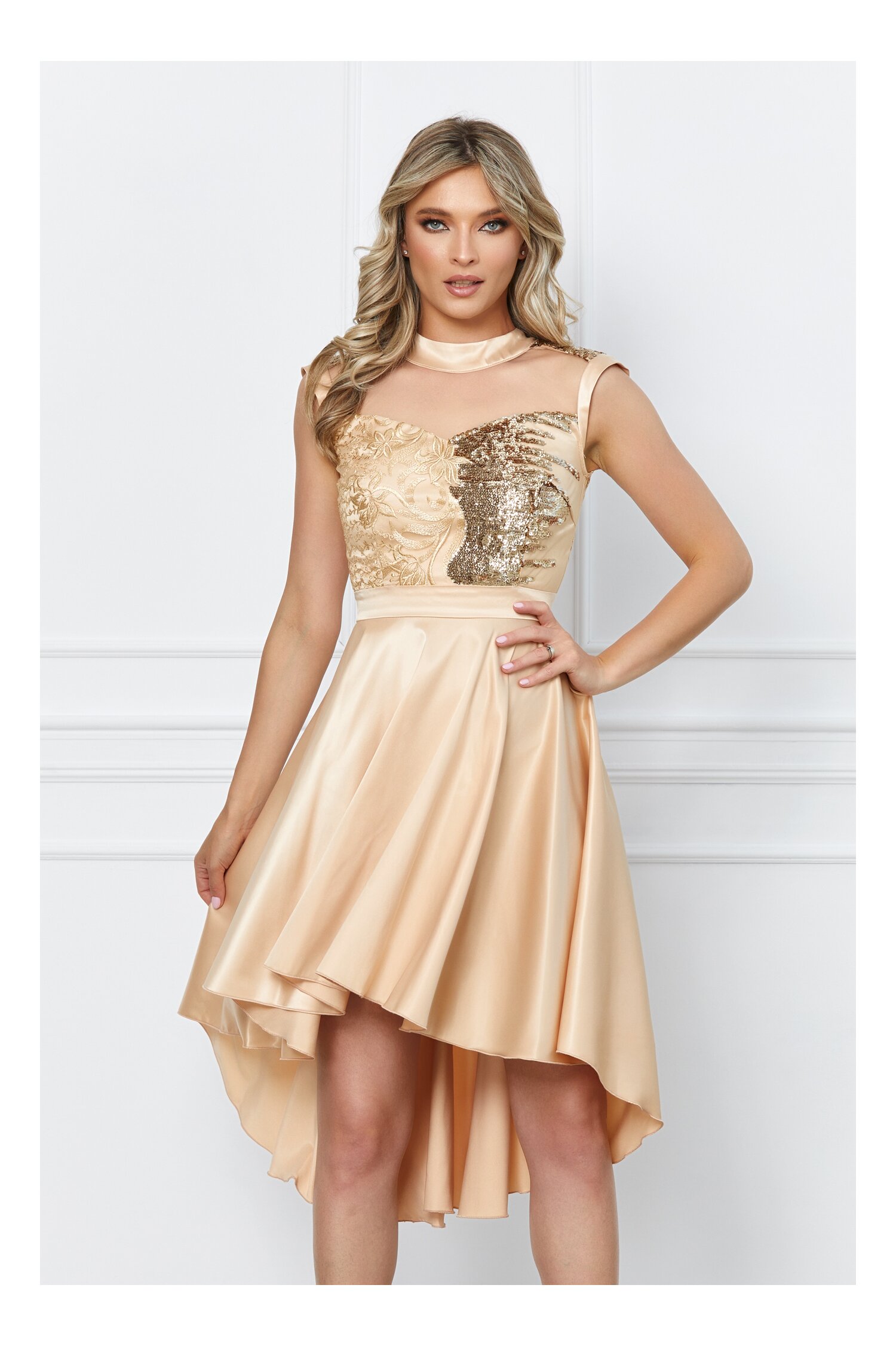 Rochie Ella Collection Ella bej cu paiete si lungime asimetrica