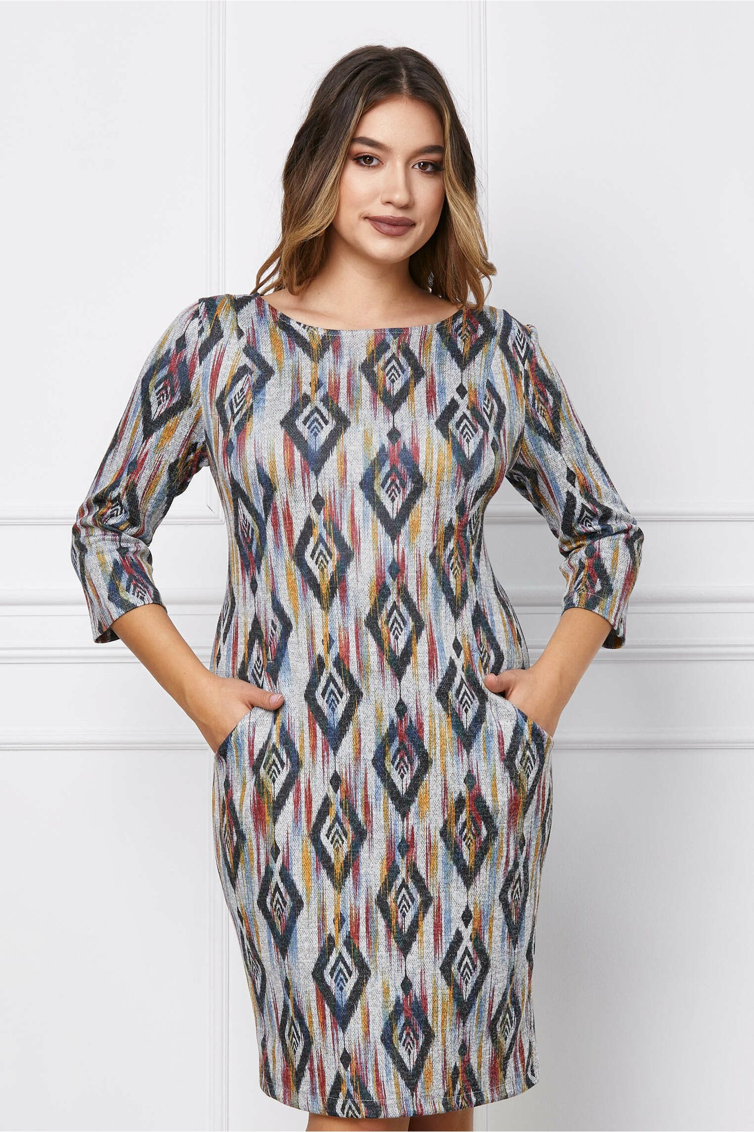 Rochie Ina gri cu imprimeuri geometrice