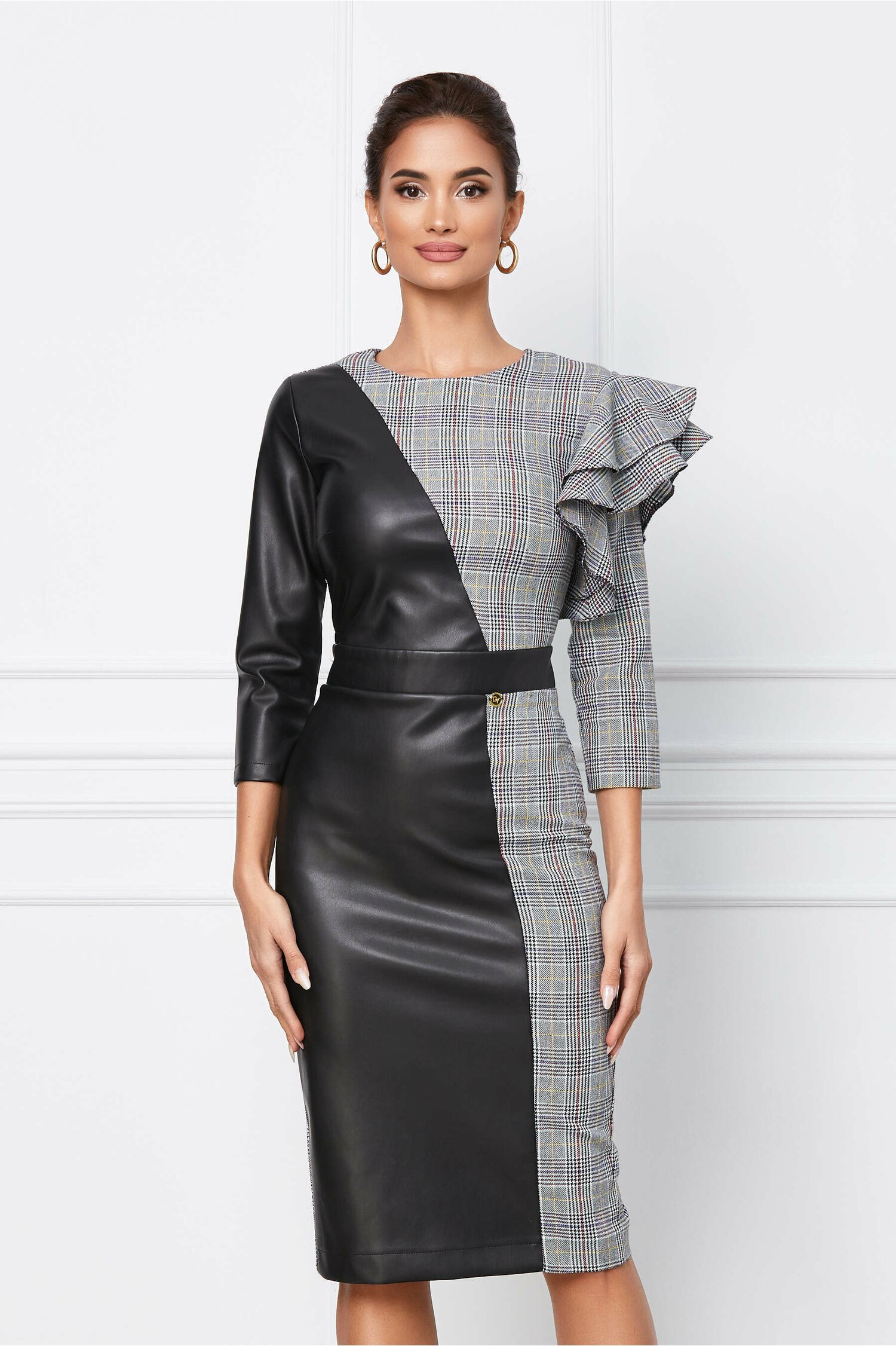 Rochie Dy Fashion din piele ecologica neagra si carouri gri