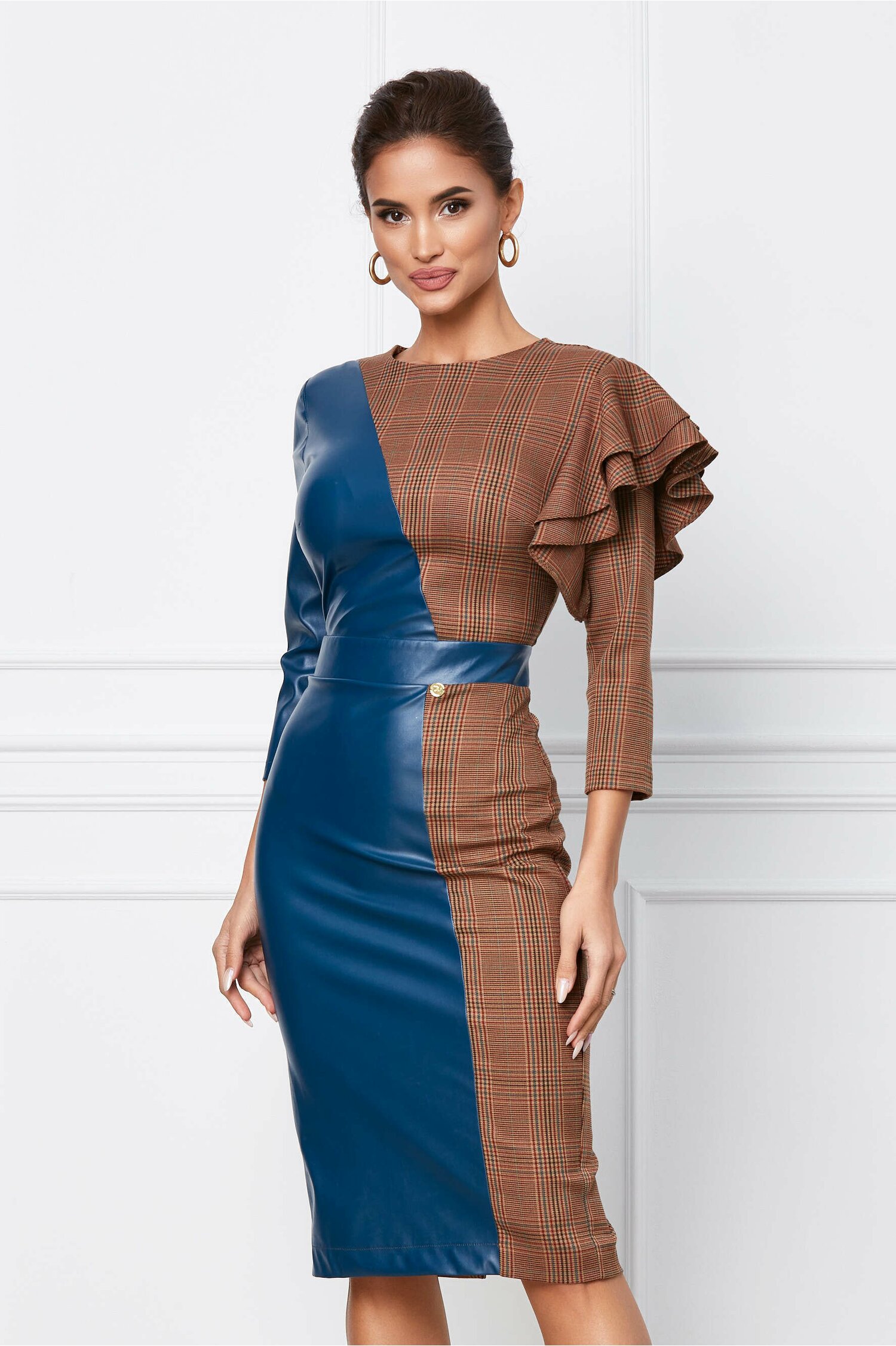 Rochie Dy Fashion din piele ecologica turcoaz cu carouri maro