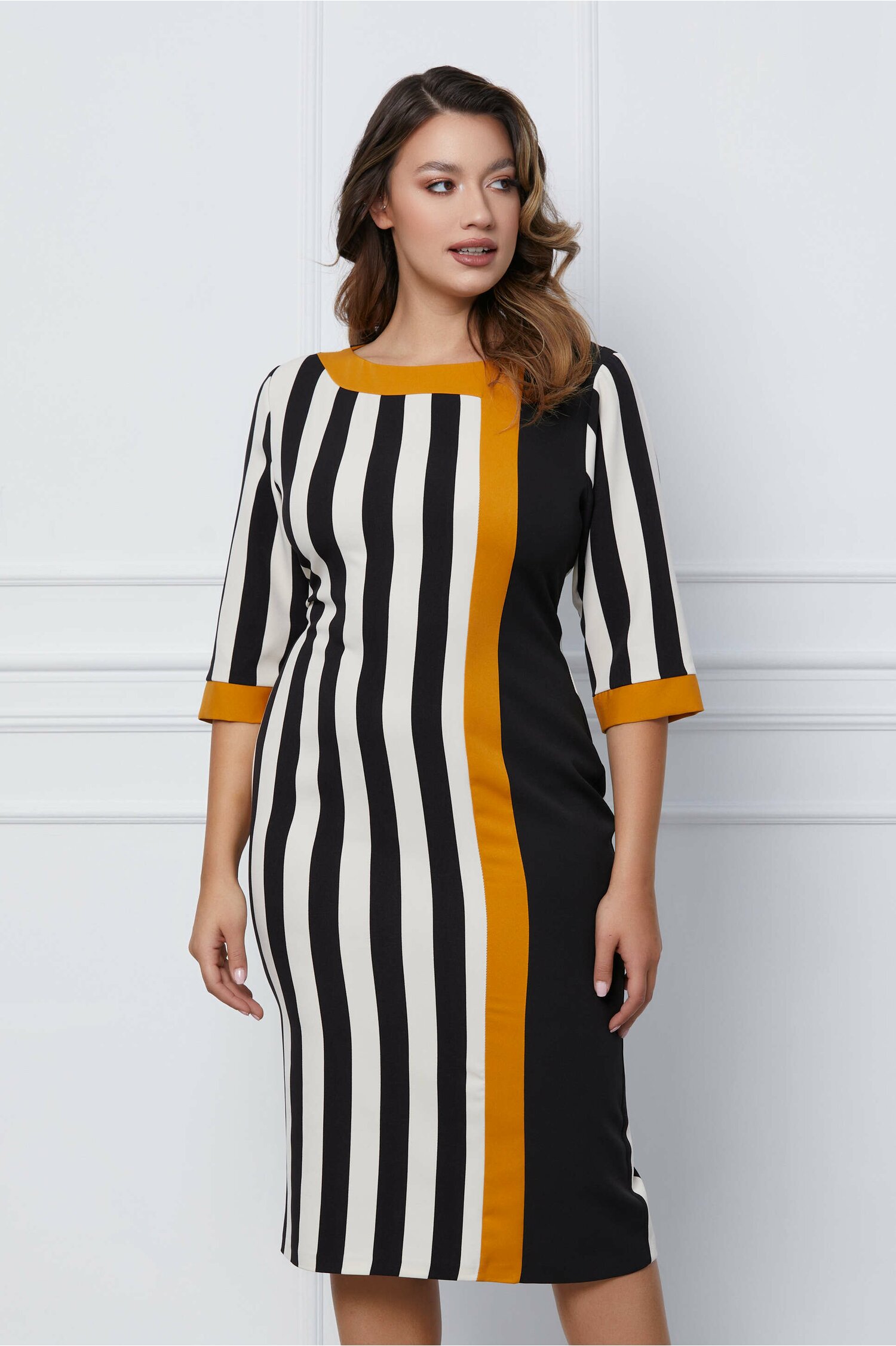 Rochie Mira galben-negru cu dungi