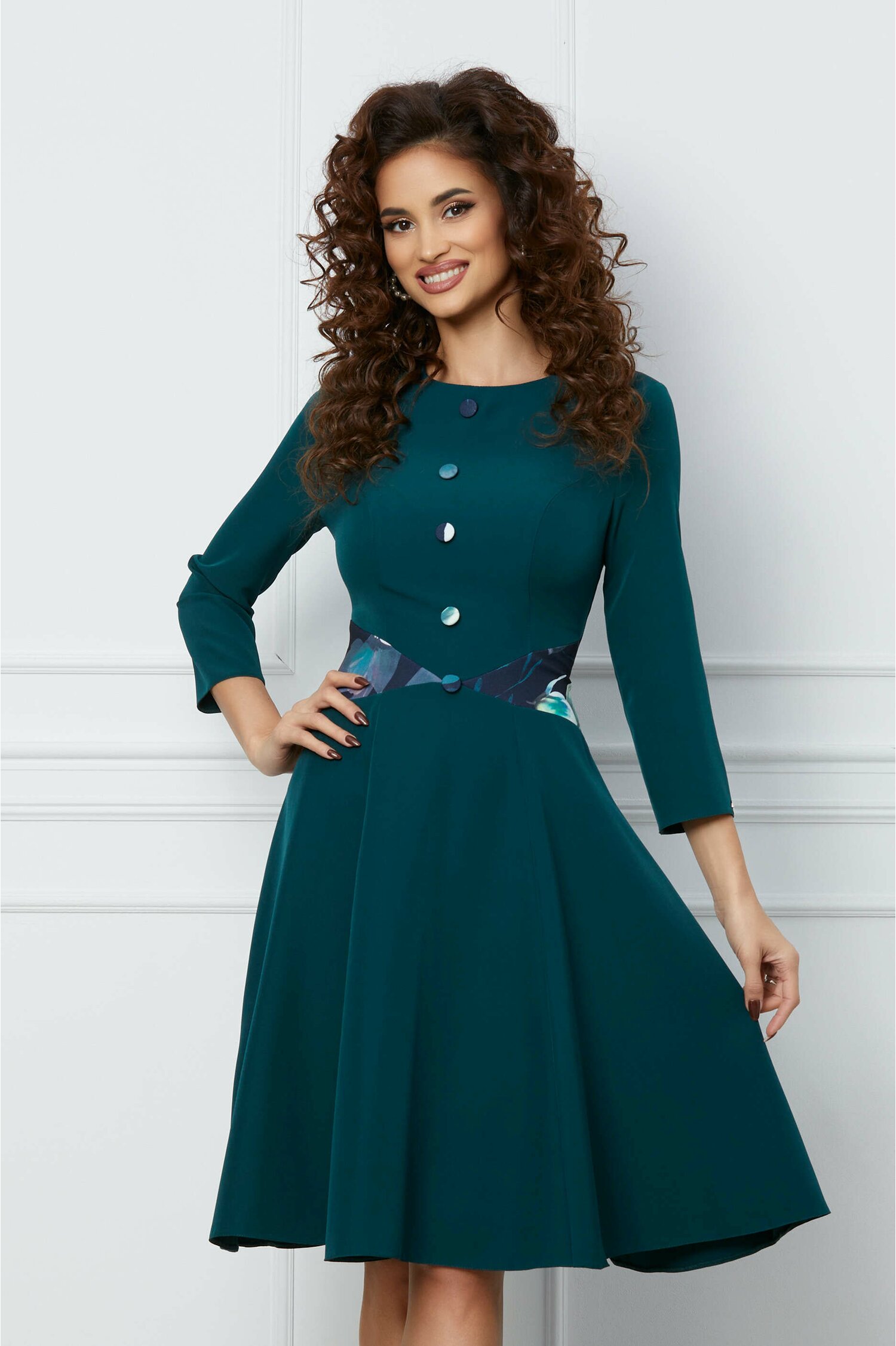 Rochie Dy Fashion verde cu imprimeu floral in talie