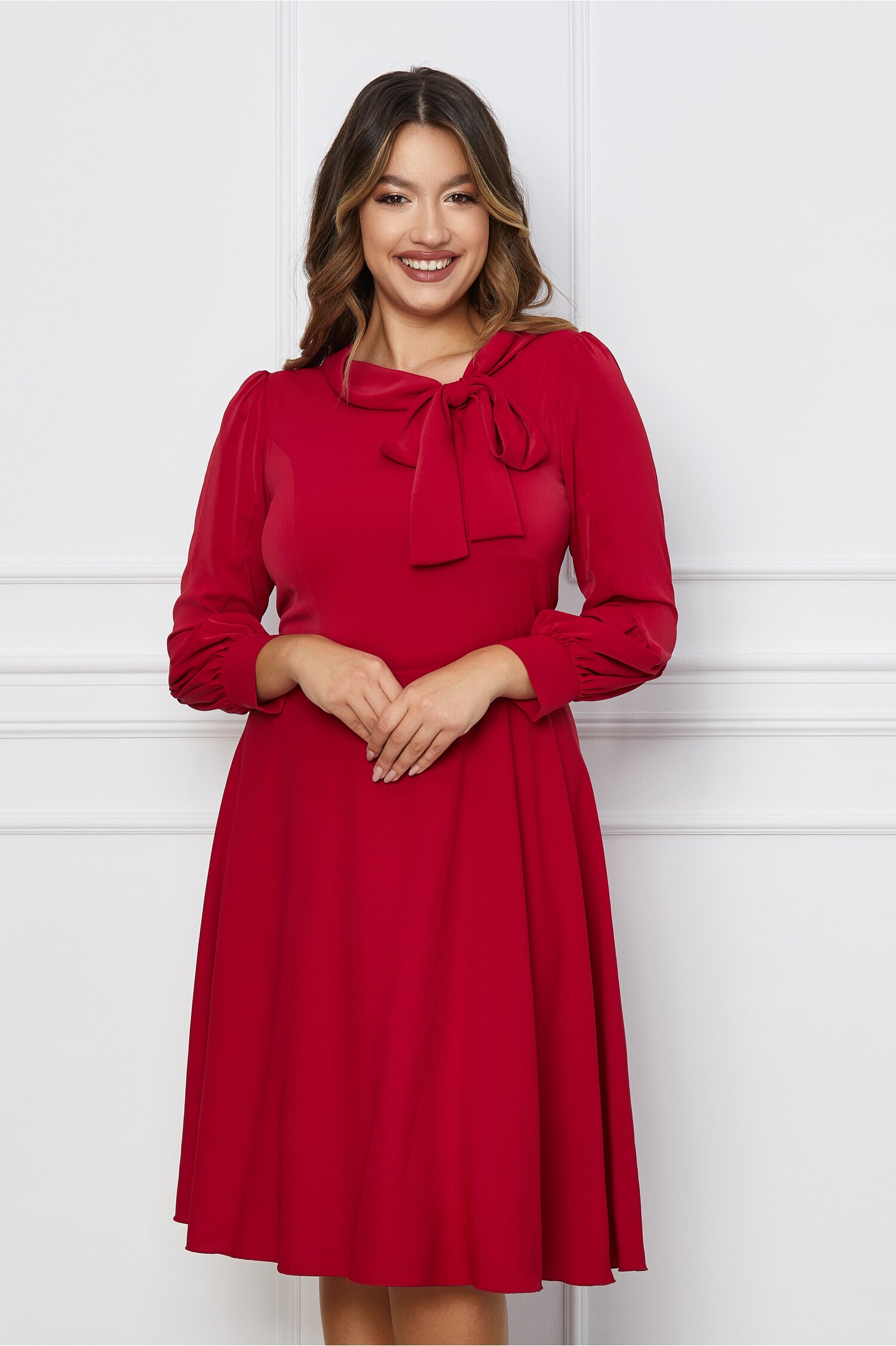 Rochie Mirela rosu zmeura cu guler tip esarfa