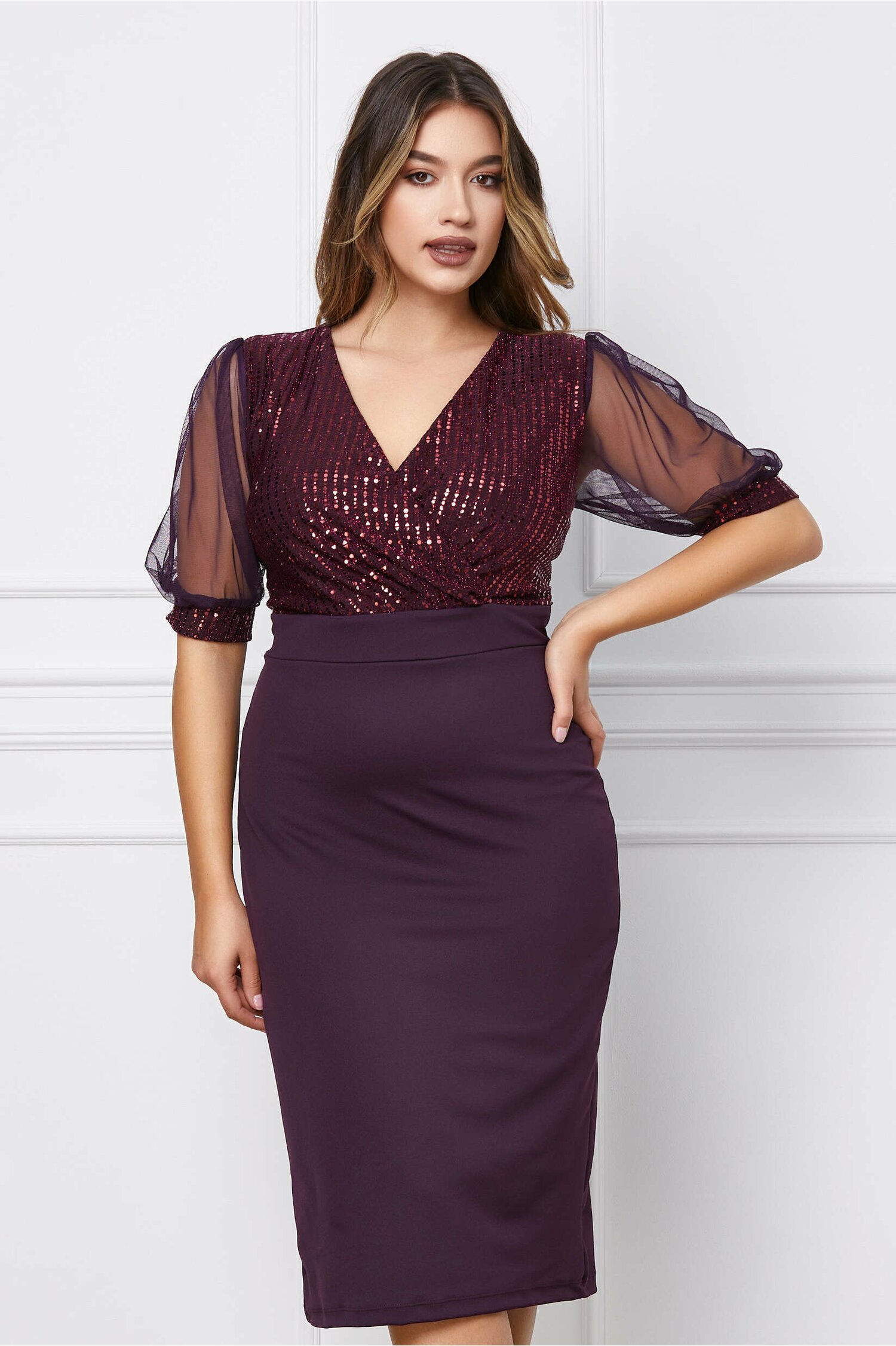 Rochie Ilona mov cu paiete si maneci din tulle