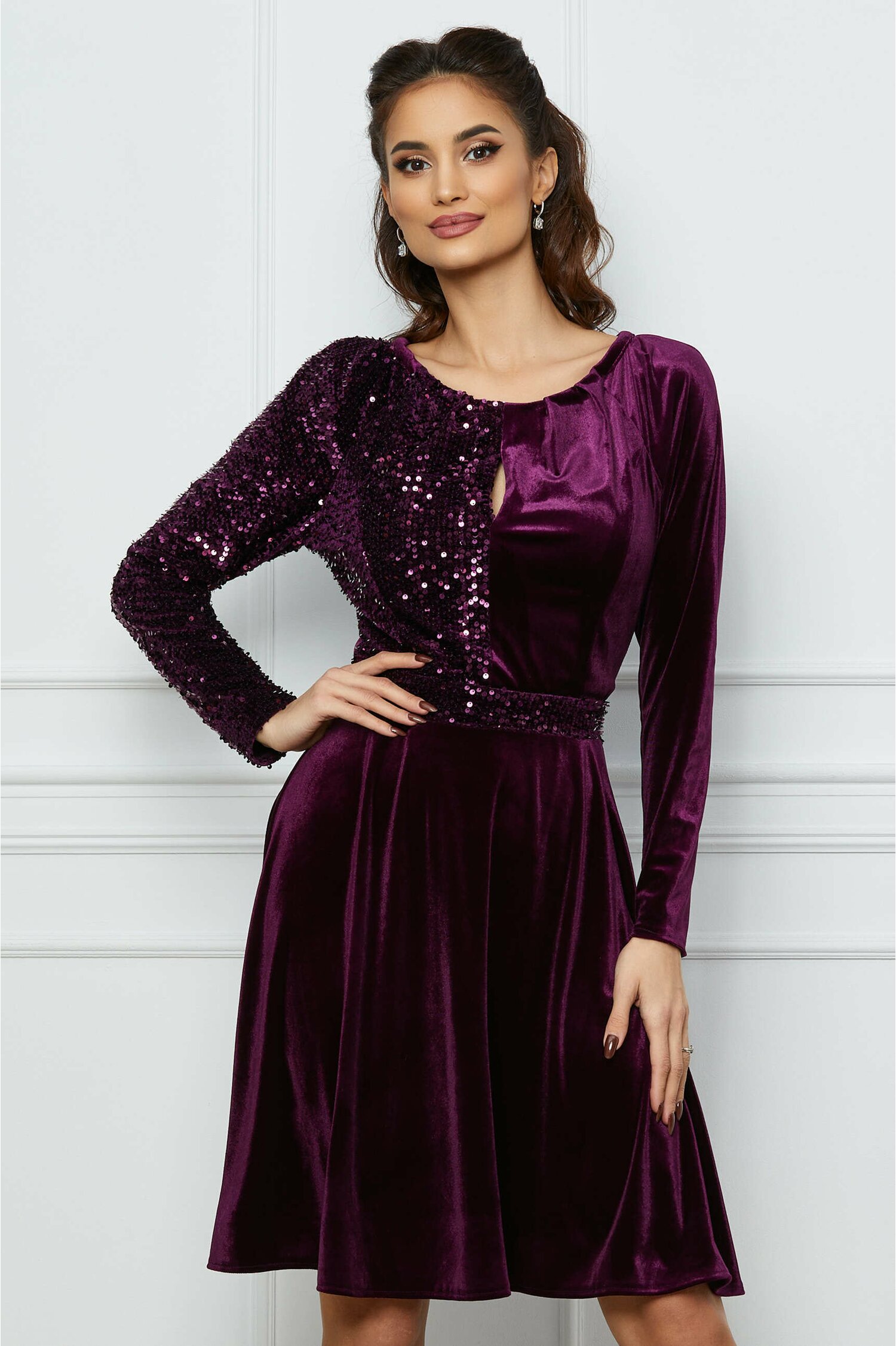 Rochie Estel mov din catifea cu paiete