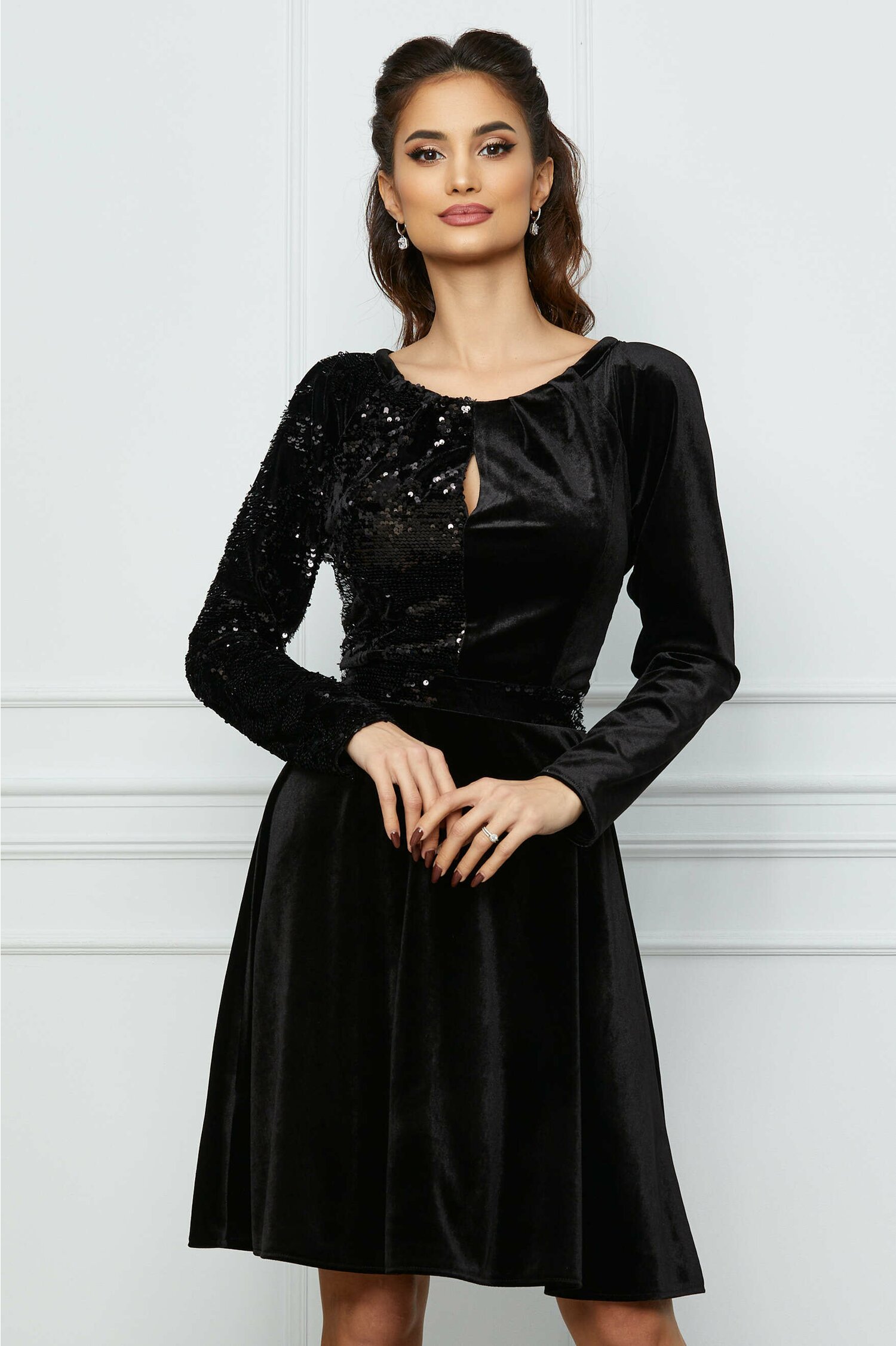 Rochie Estel neagra din catifea cu paiete
