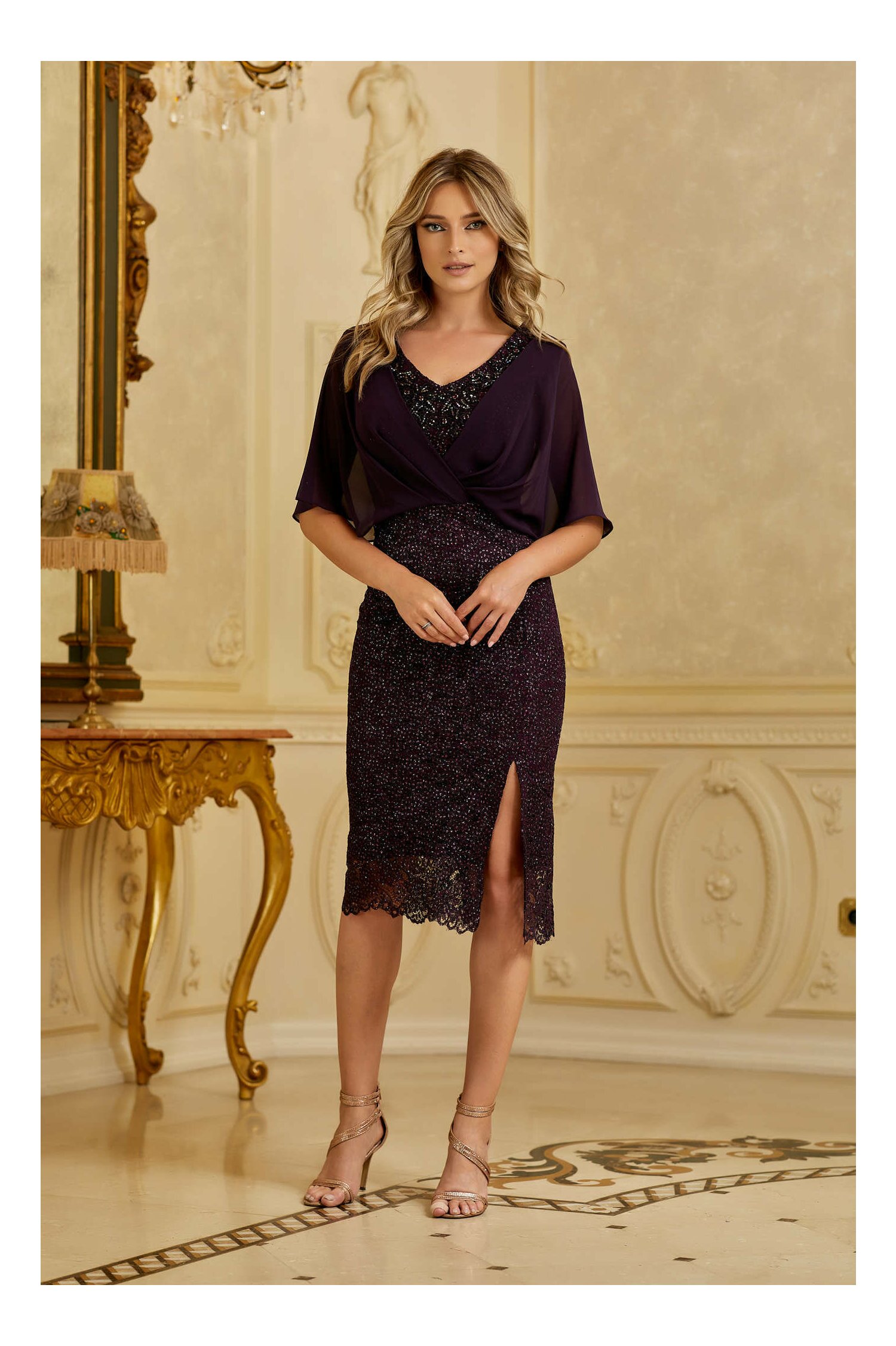 Rochie Teodora mov cu glitter si voal la bust