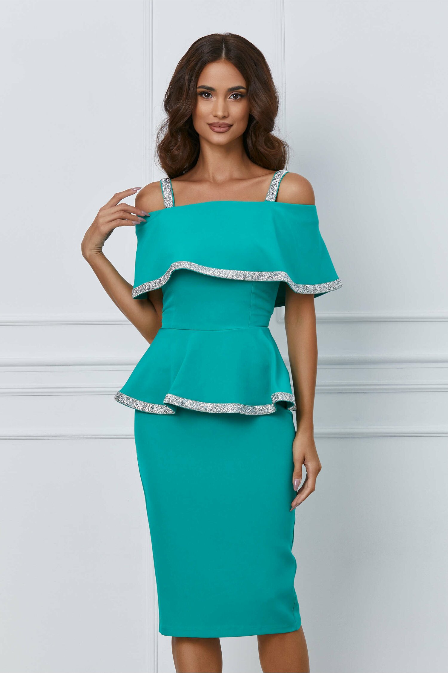 Rochie MBG turcoaz cu strasuri si peplum