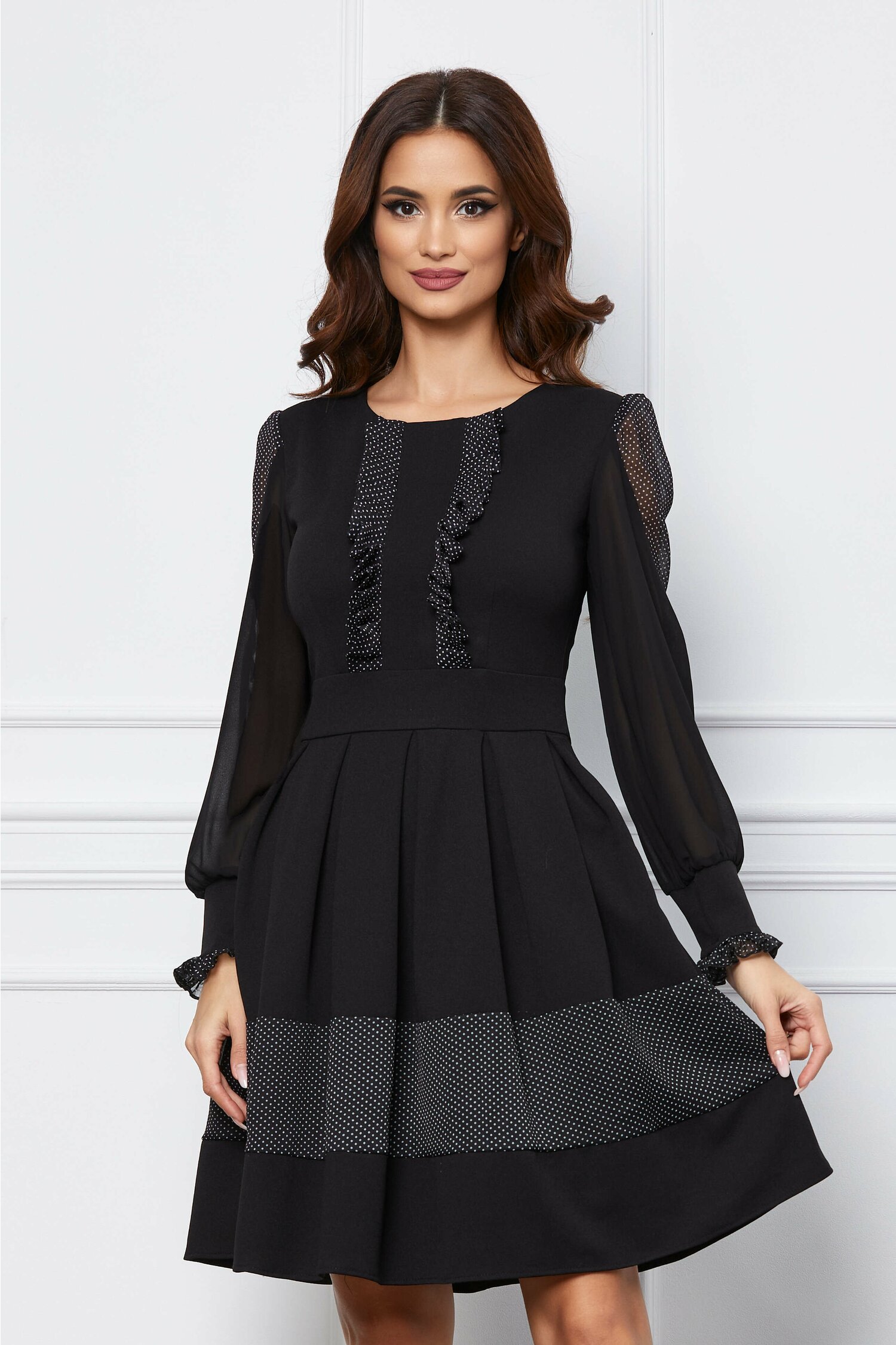 Rochie Ella Collection Melisa neagra cu buline si volanase pe bust
