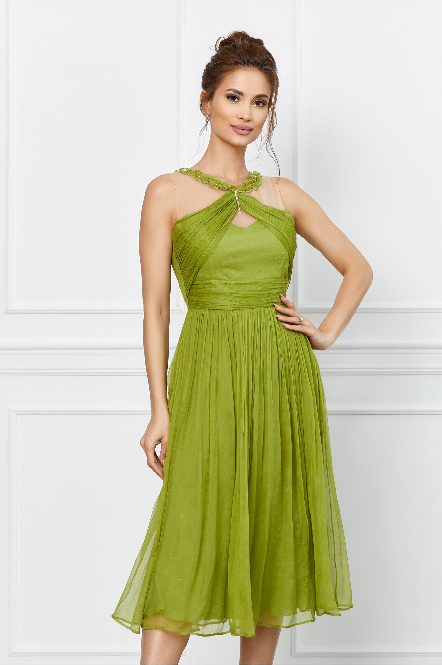 Rochie Leonard Collection verde olive din matase