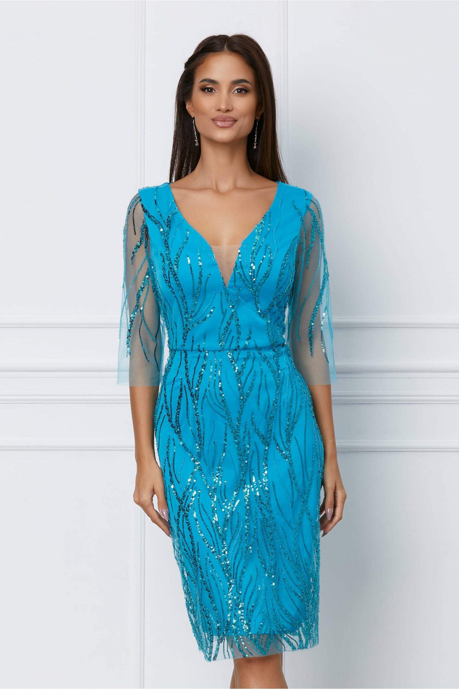 Rochie Ella Collection Ingrid turcoaz cu paiete