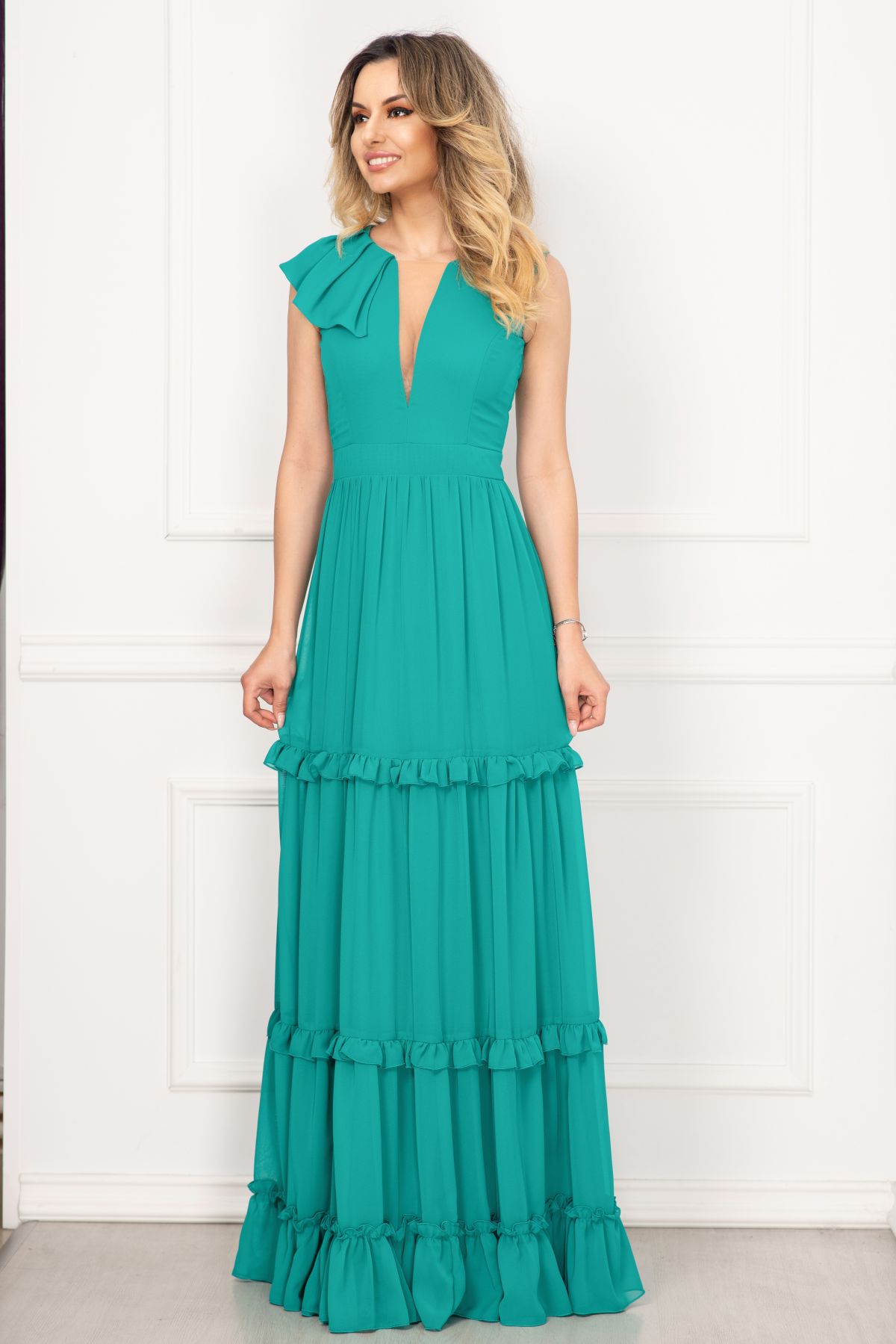 Rochie de seara Fofy turquoise cu volane