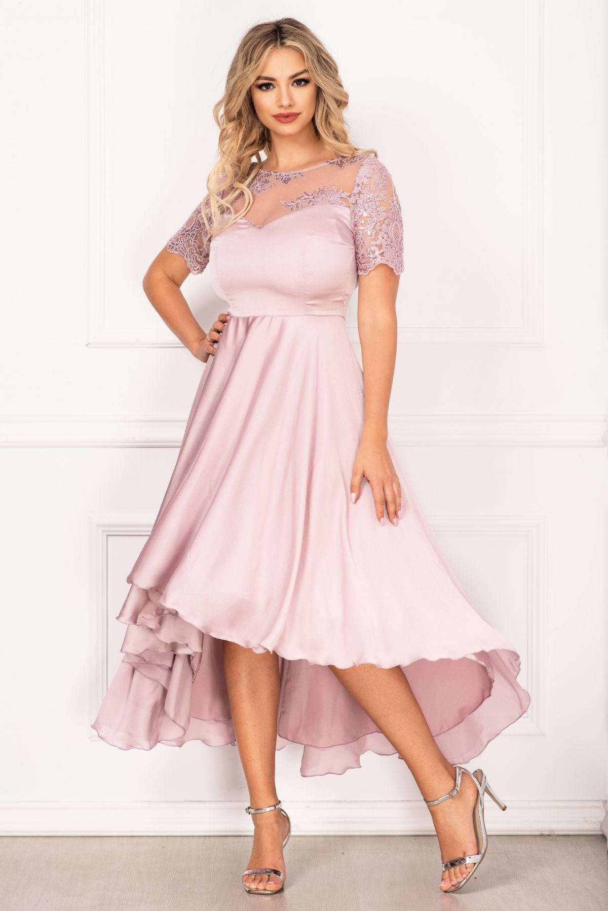 Rochie de seara InPuff rose asimetrica cu broderie si paiete