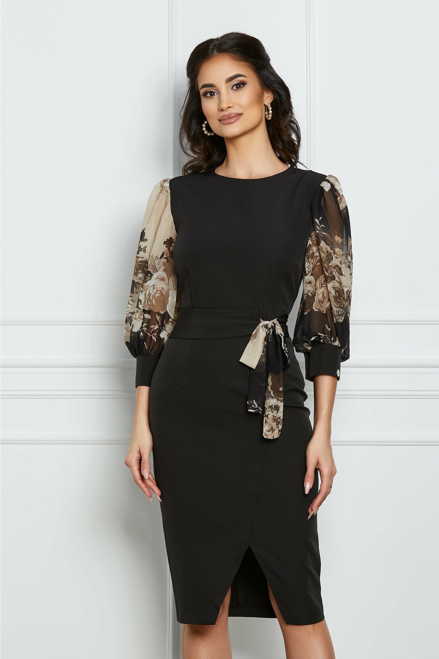 Rochie Dy Fashion neagra cu maneci din voal cu flori bej