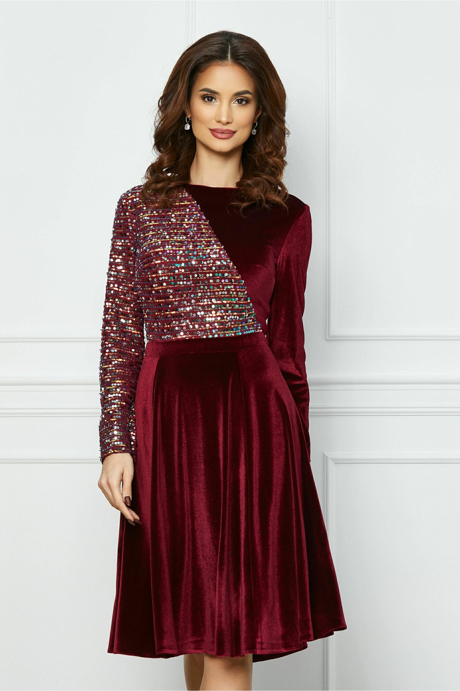 Rochie Dy Fashion bordo din catifea cu paiete la bust