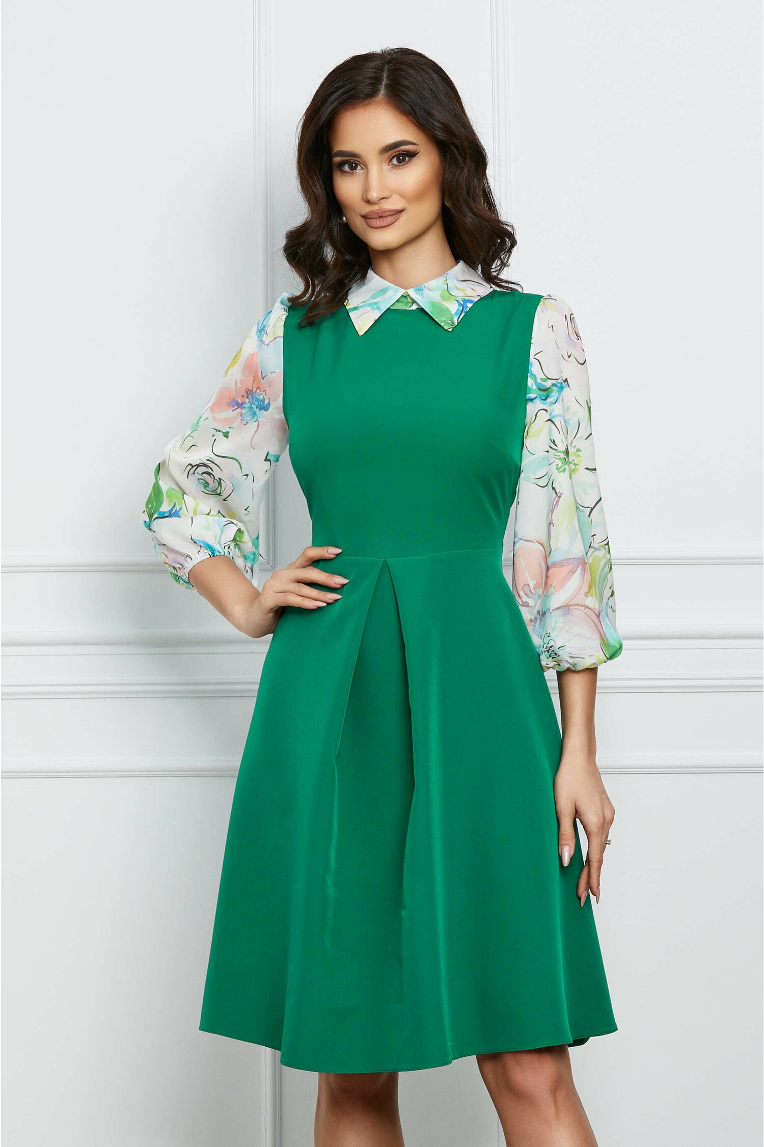 Rochie Dy Fashion verde cu imprimeu pe maneci si guler