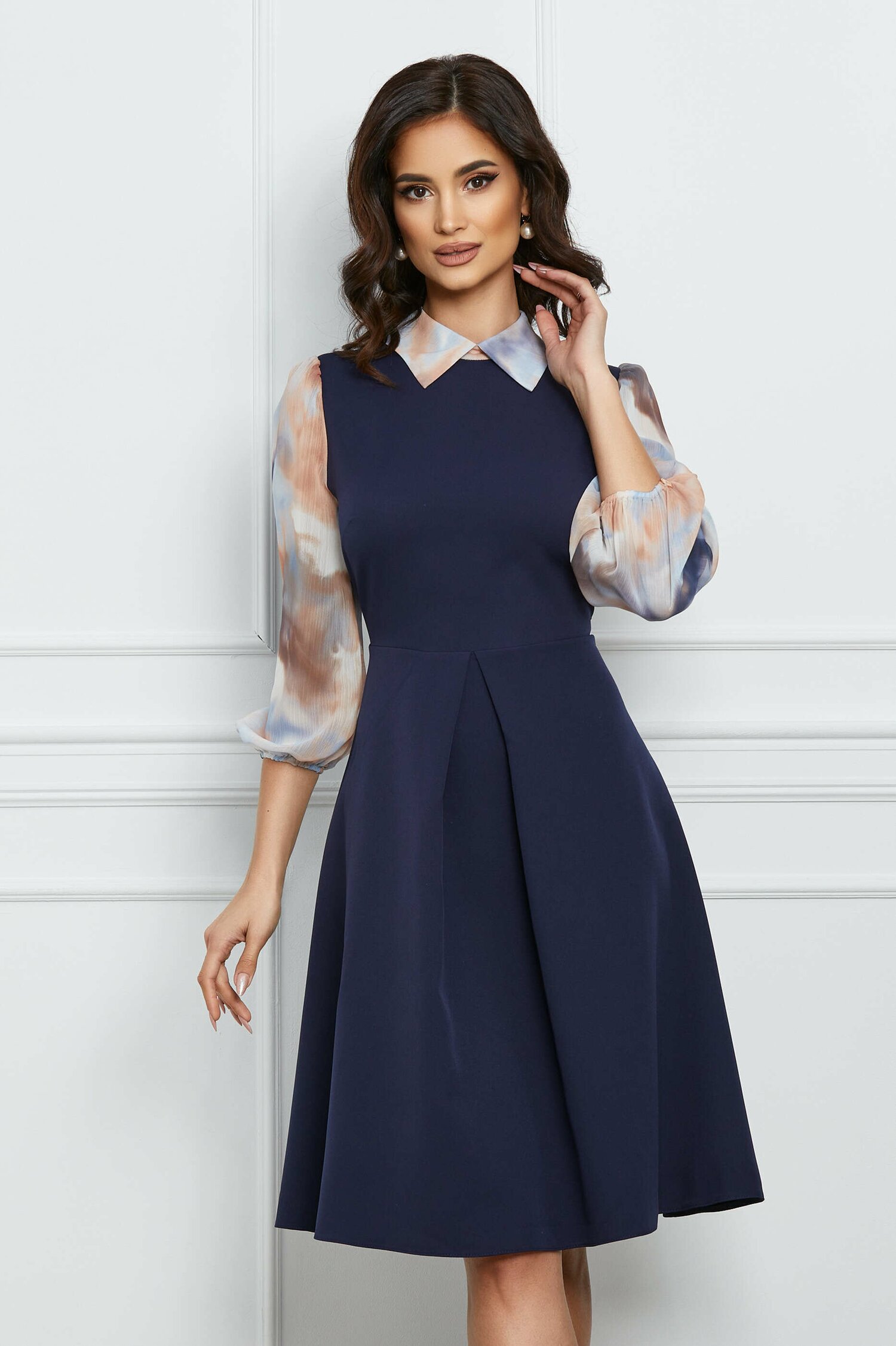 Rochie Dy Fashion bleumarin cu imprimeu pe maneci si guler