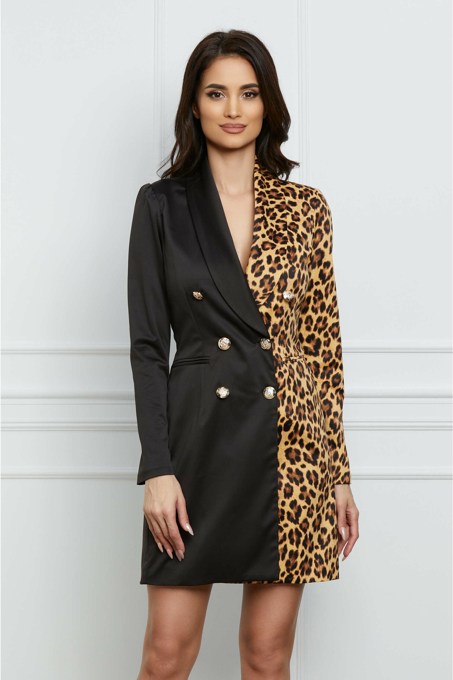 Rochie MBG neagra tip sacou cu animal print bej