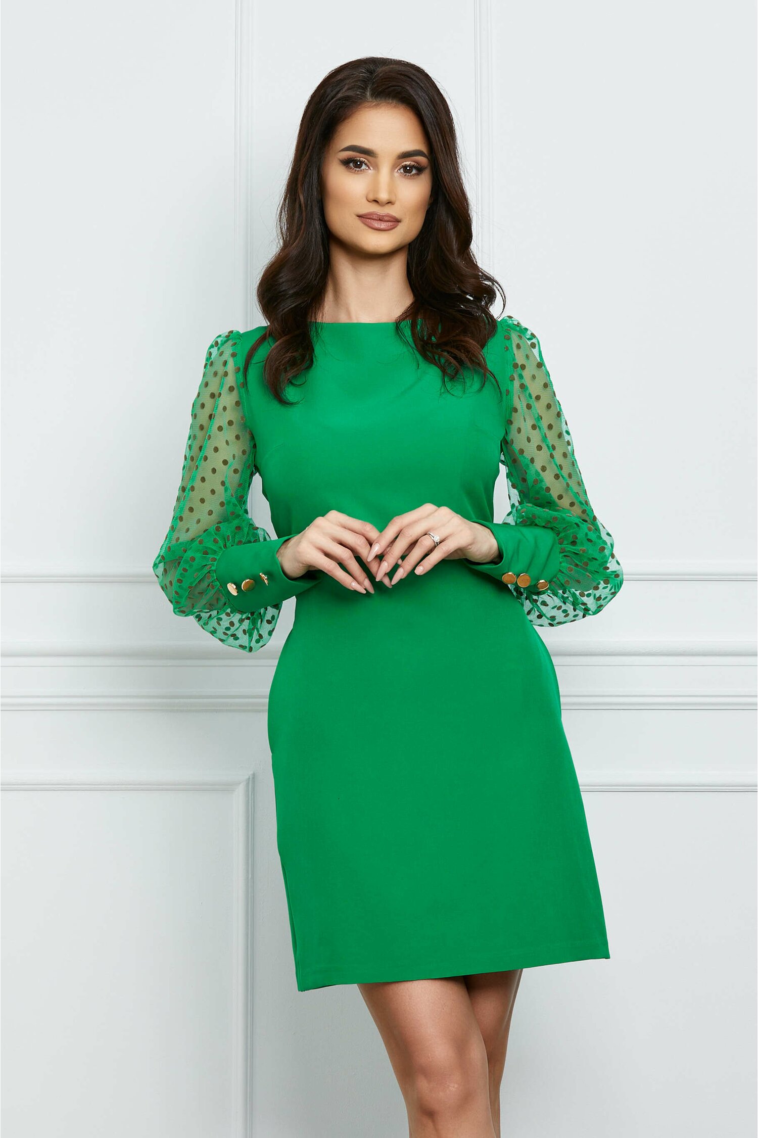 Rochie MBG verde cu tull si buline catifelate pe maneci