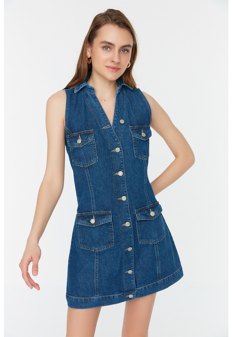 Rochie din denim cu buzunare cu clapa