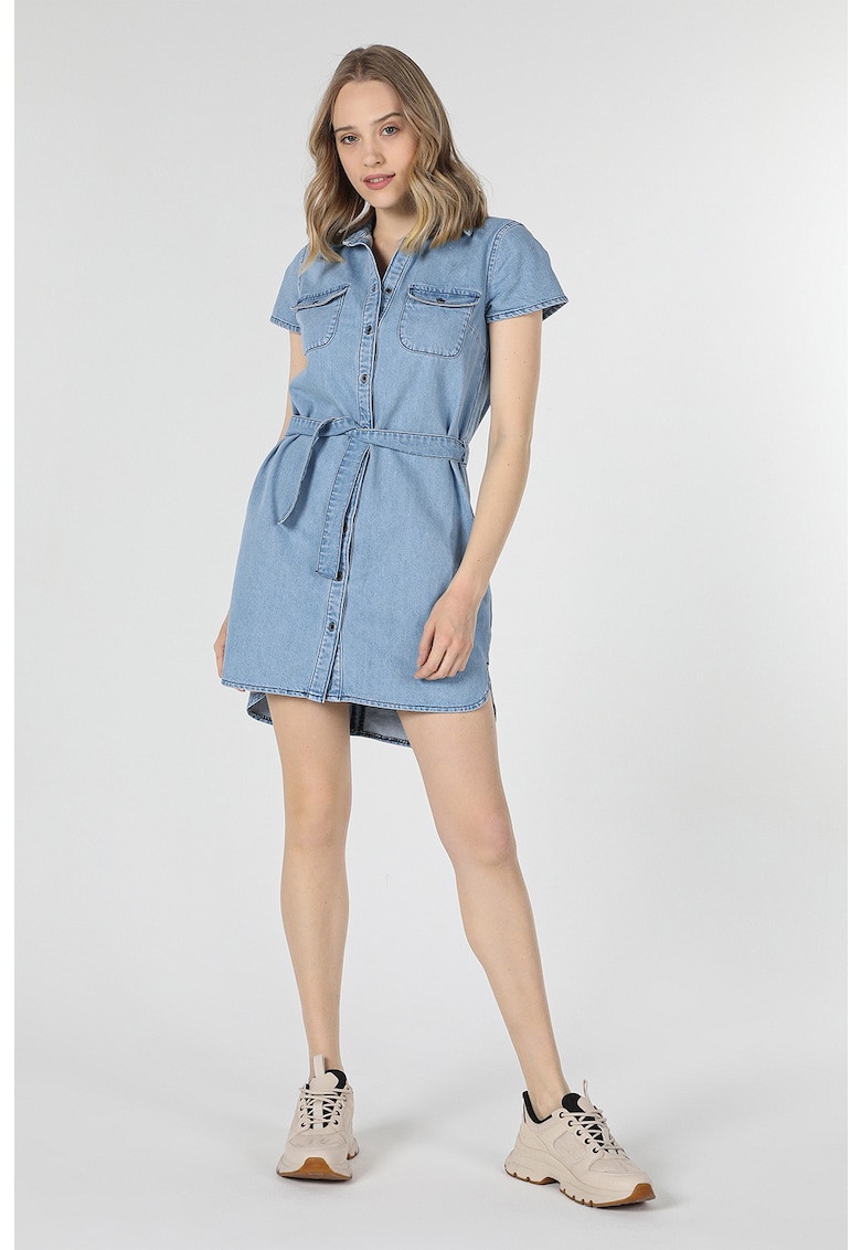 Rochie din denim cu buzunare pe piept