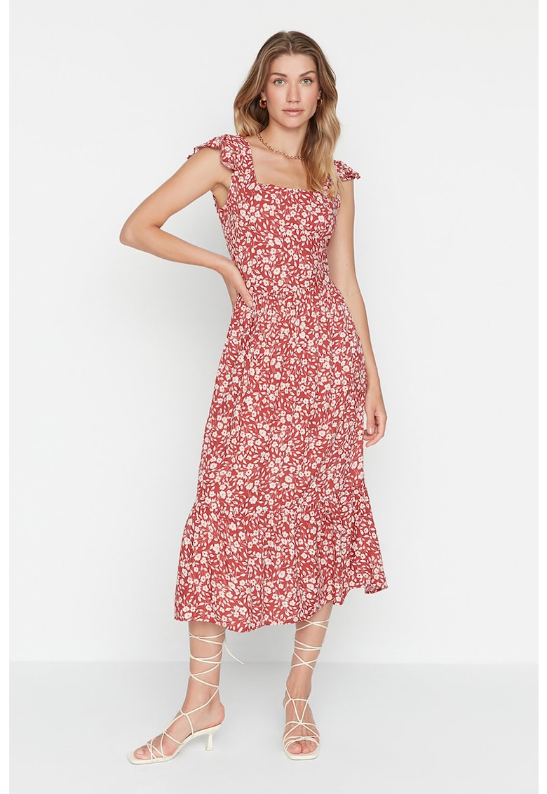 Rochie midi cu model floral si decolteu patrat