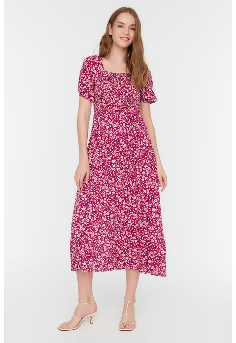 Rochie evazata cu maneci bufante si imprimeu floral
