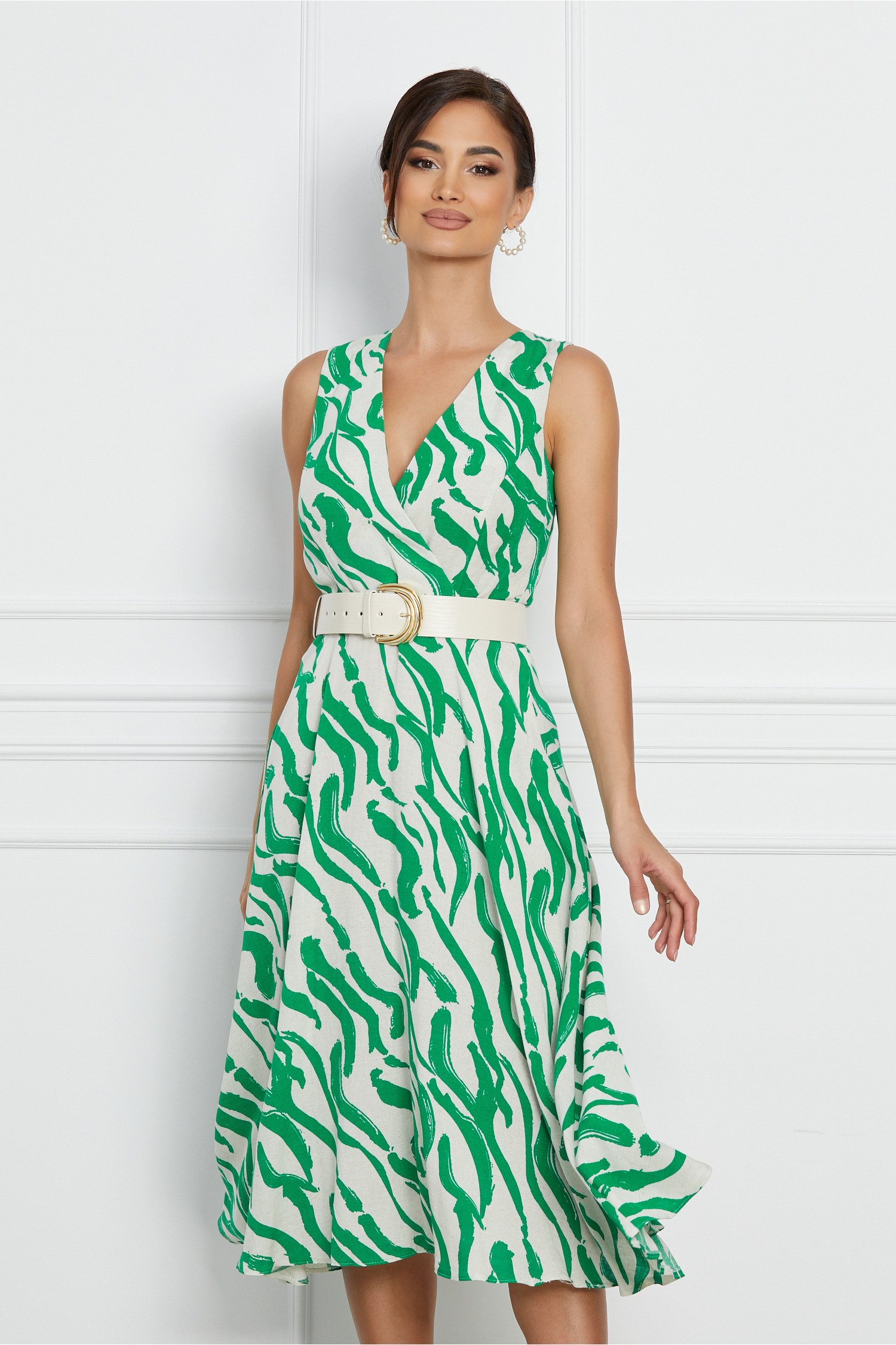 Rochie Malina ivory cu imprimeu verde si curea in talie