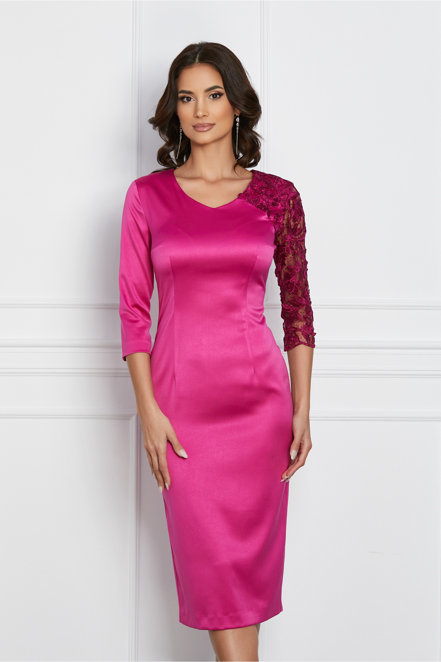 Rochie Dy Fashion magenta din tafta cu o maneca din dantela