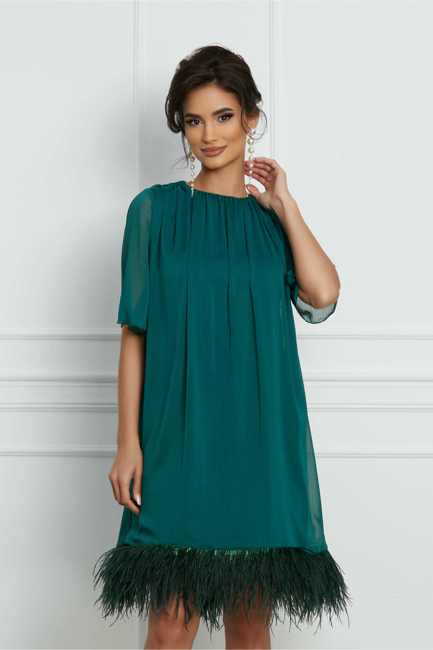 Rochie Dy Fashion verde petrol cu pene la baza