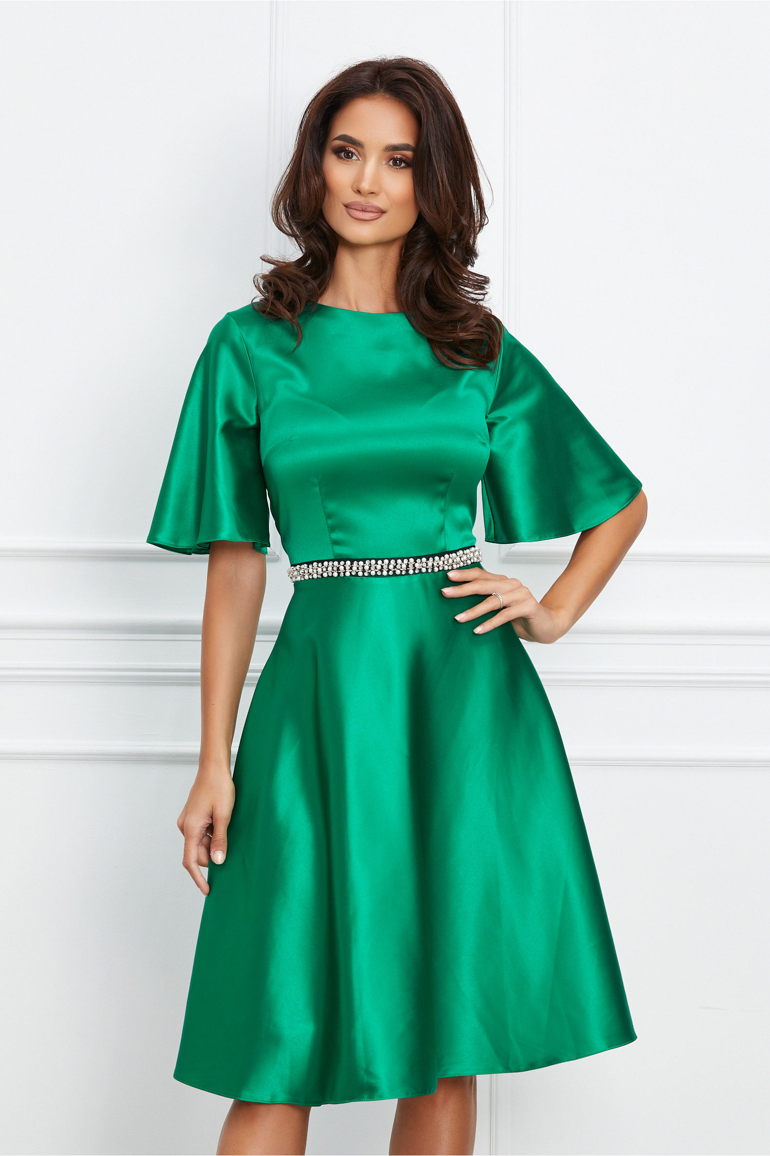 Rochie Dy Fashion verde cu perle in talie