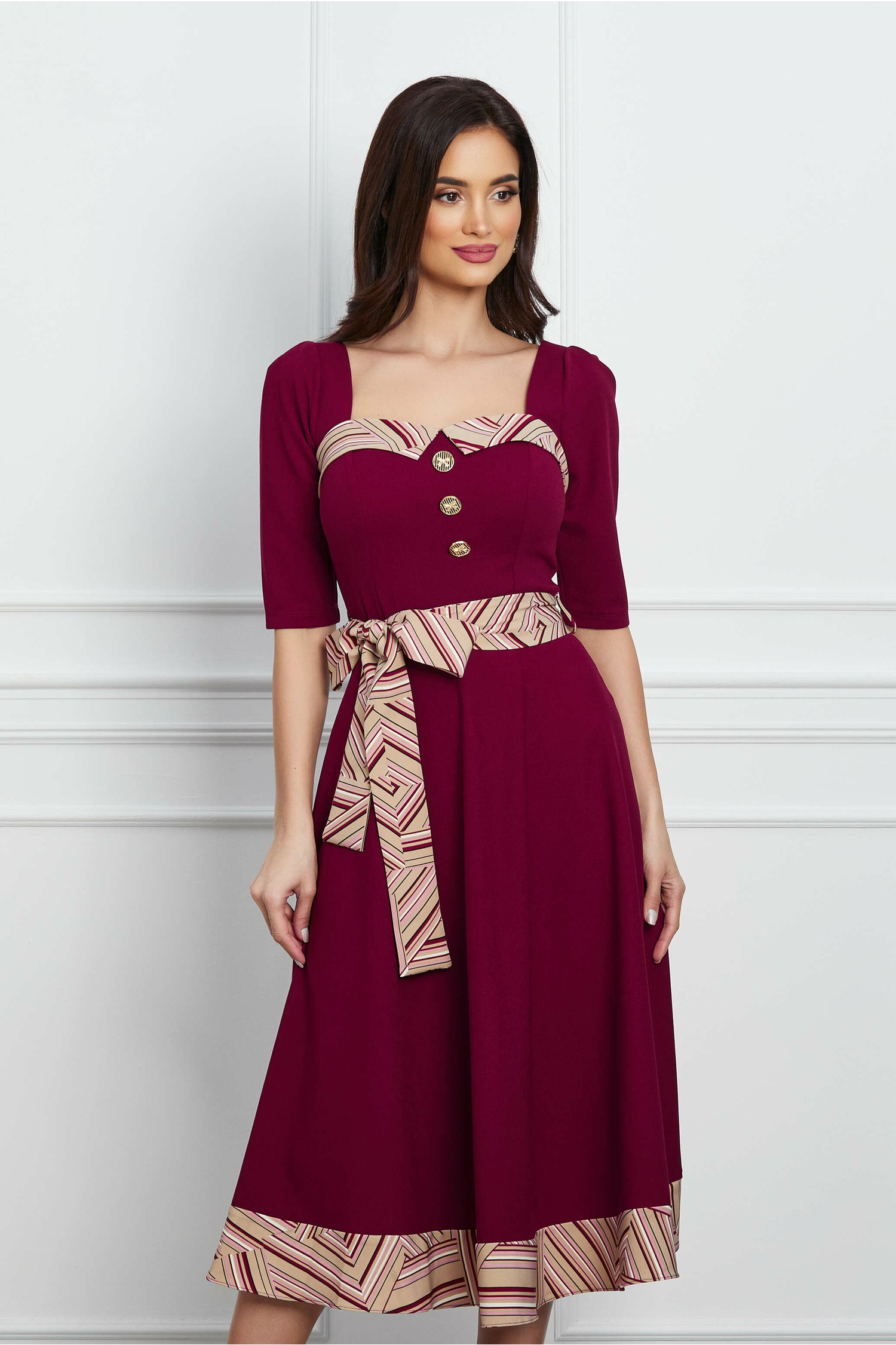 Rochie Dy Fashion bordo cu imprimeu si cordon in talie