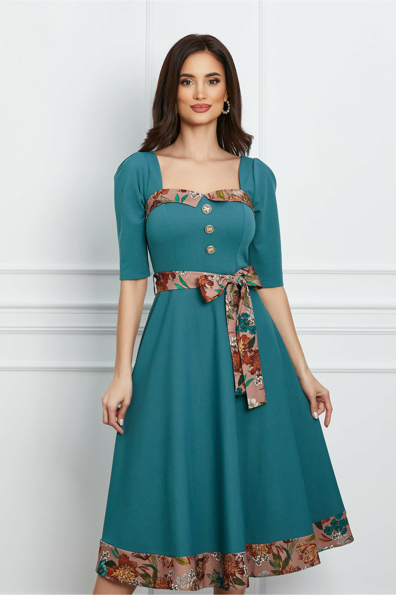 Rochie Dy Fashion turcoaz cu imprimeu si cordon in talie