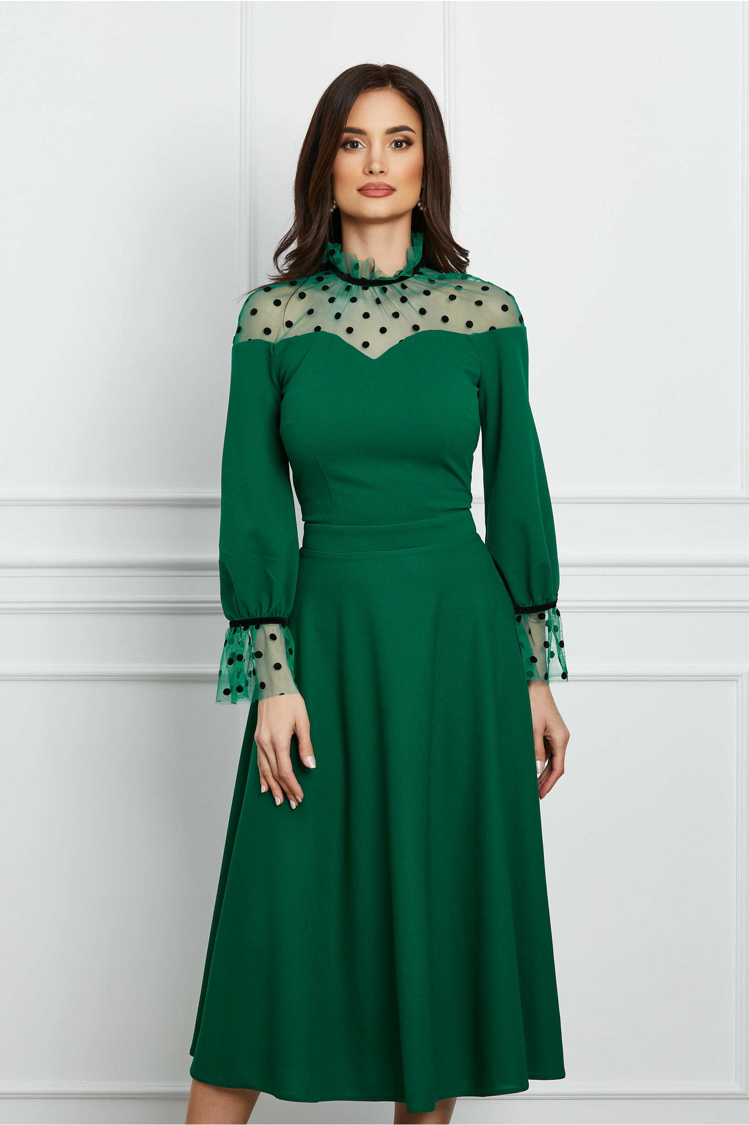 Rochie Dy Fashion verde cu tull si buline catifelate
