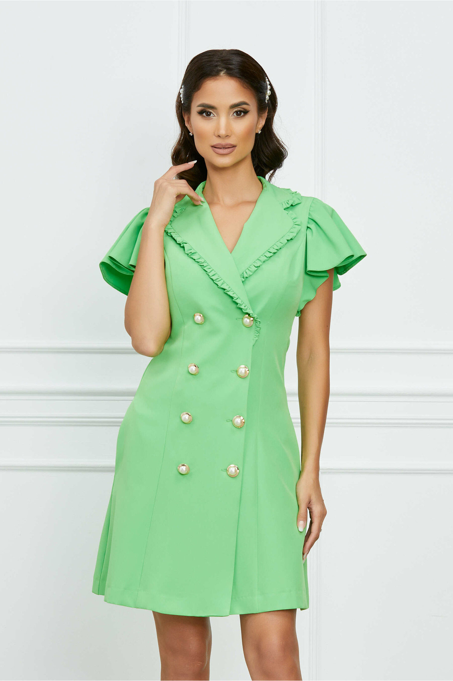 Rochie Dy Fashion verde crud tip sacou cu volanase la bust