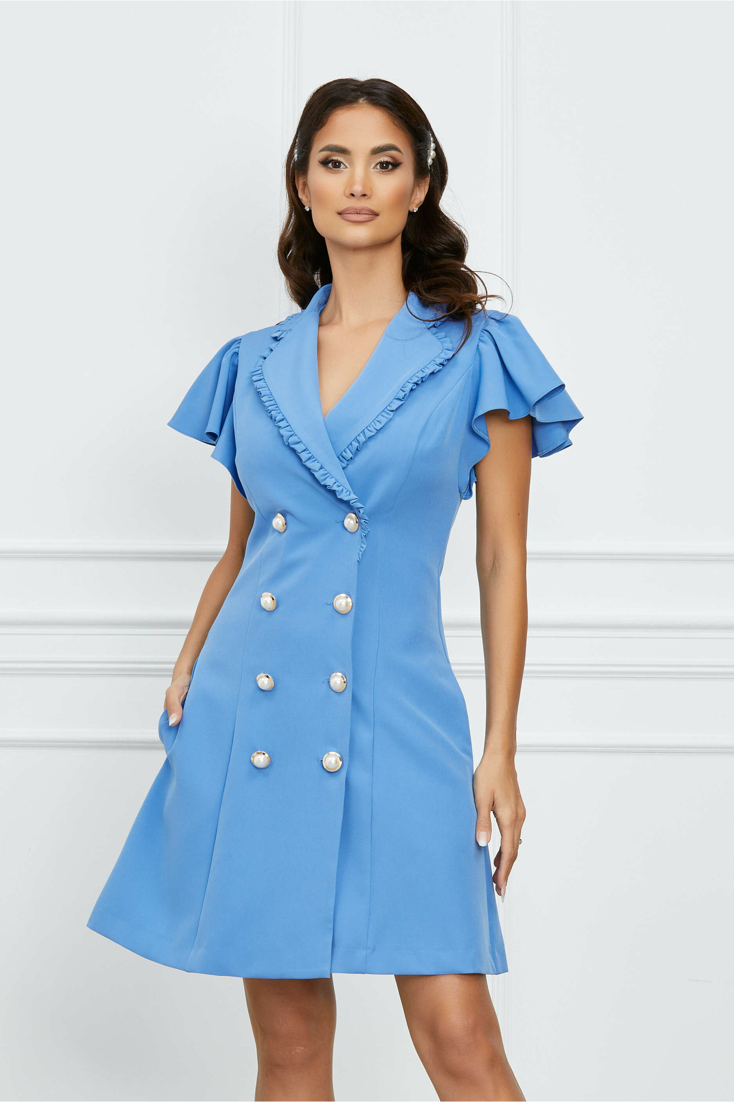 Rochie Dy Fashion bleu tip sacou cu volanase la bust