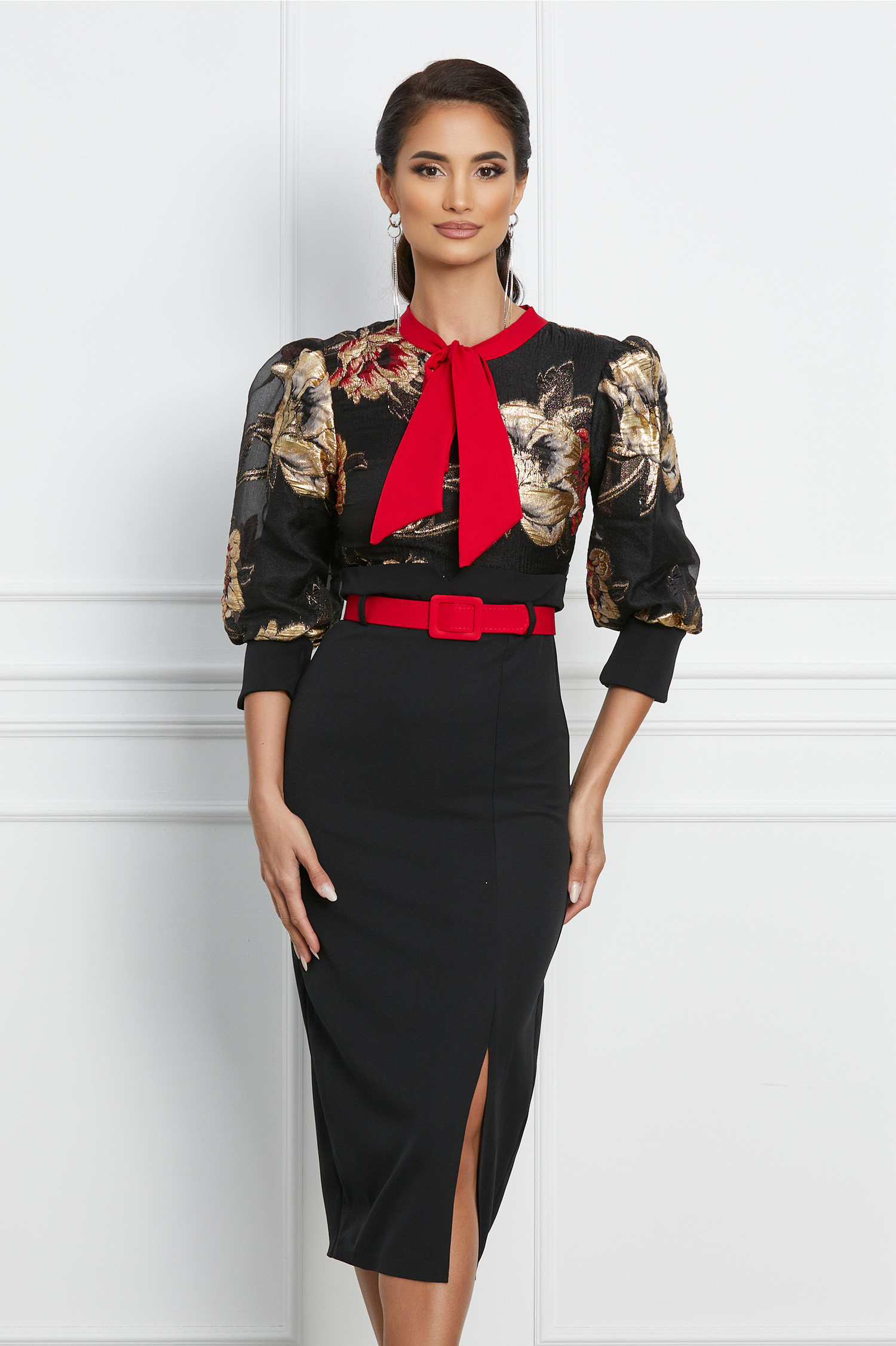 Rochie Olivia neagra cu bust din organza si curea in talie