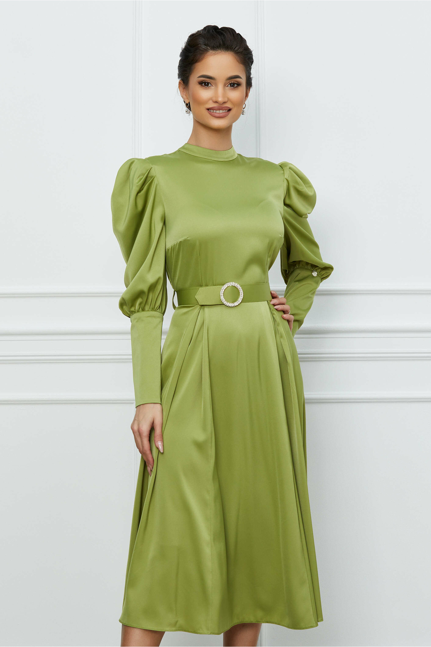 Rochie Dy Fashion olive cu umeri bufanti si curea in talie