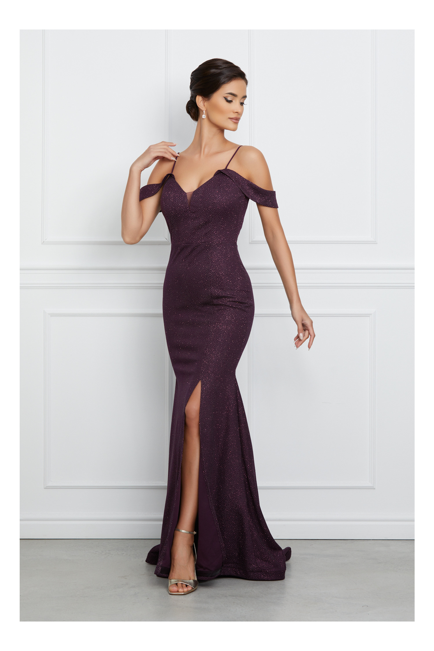 Rochie Jasmine lunga mov cu glitter