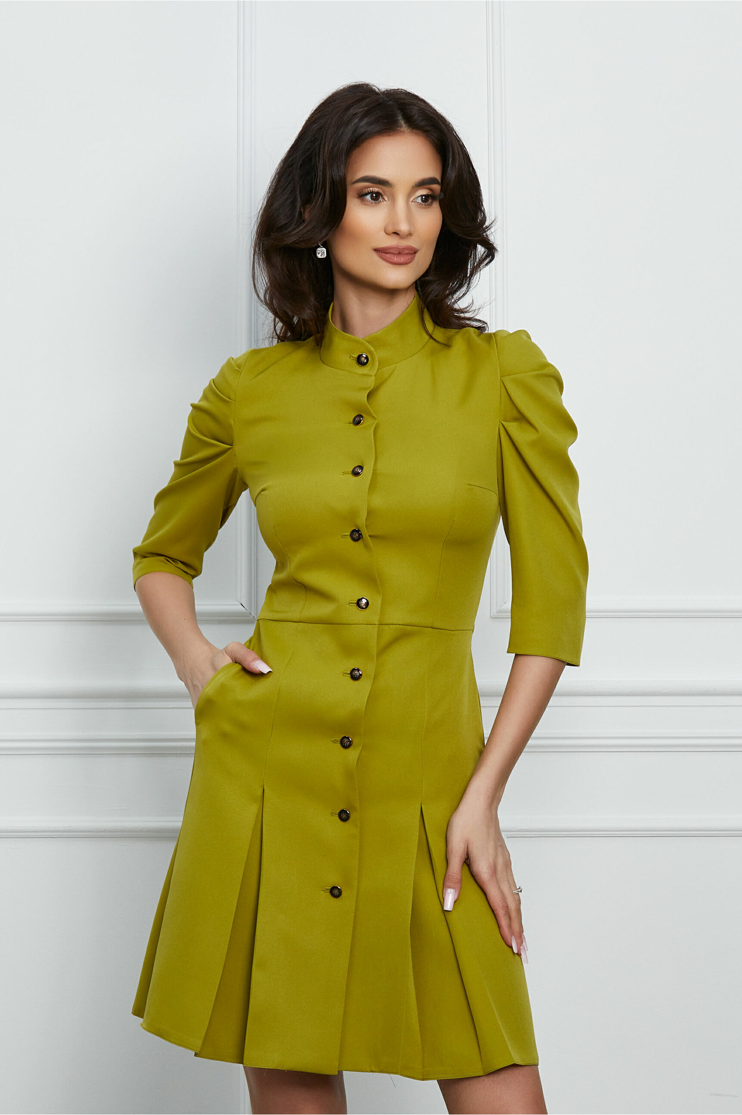 Rochie Moze lime cu nasturi si buzunare
