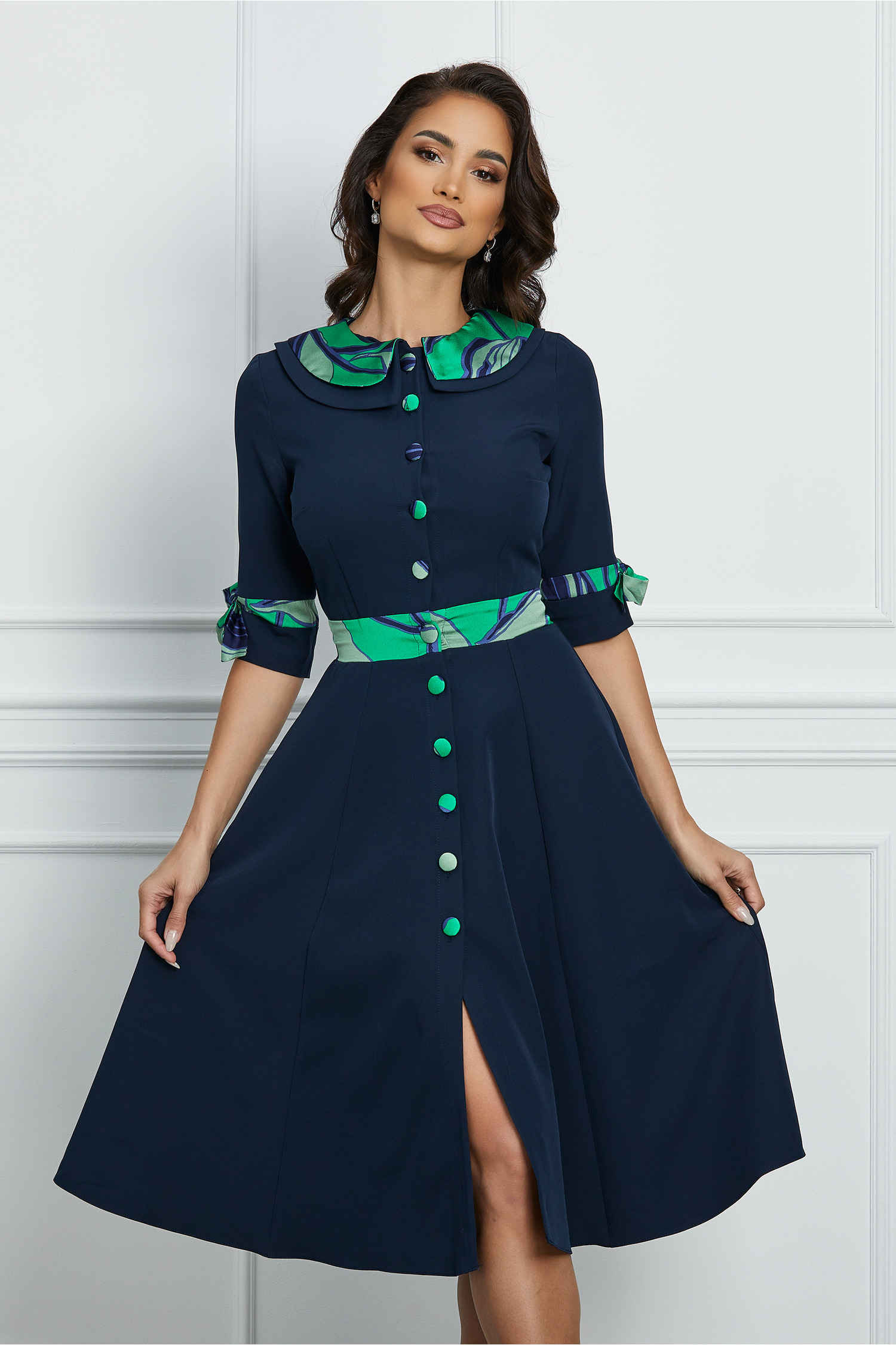 Rochie Dy Fashion bleumarin cu imprimeu si nasturi