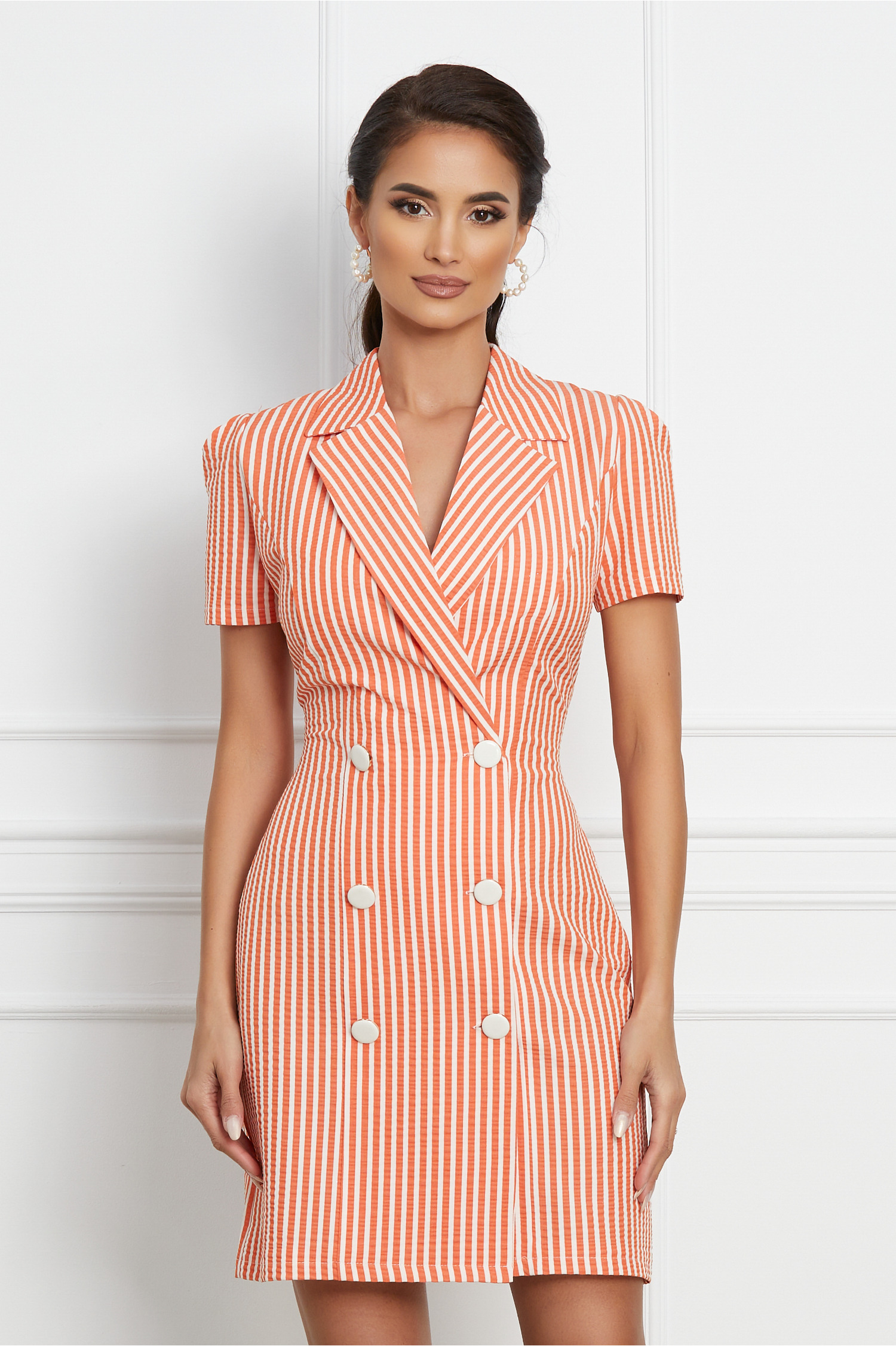 Rochie Rebeca tip sacou cu dungi orange