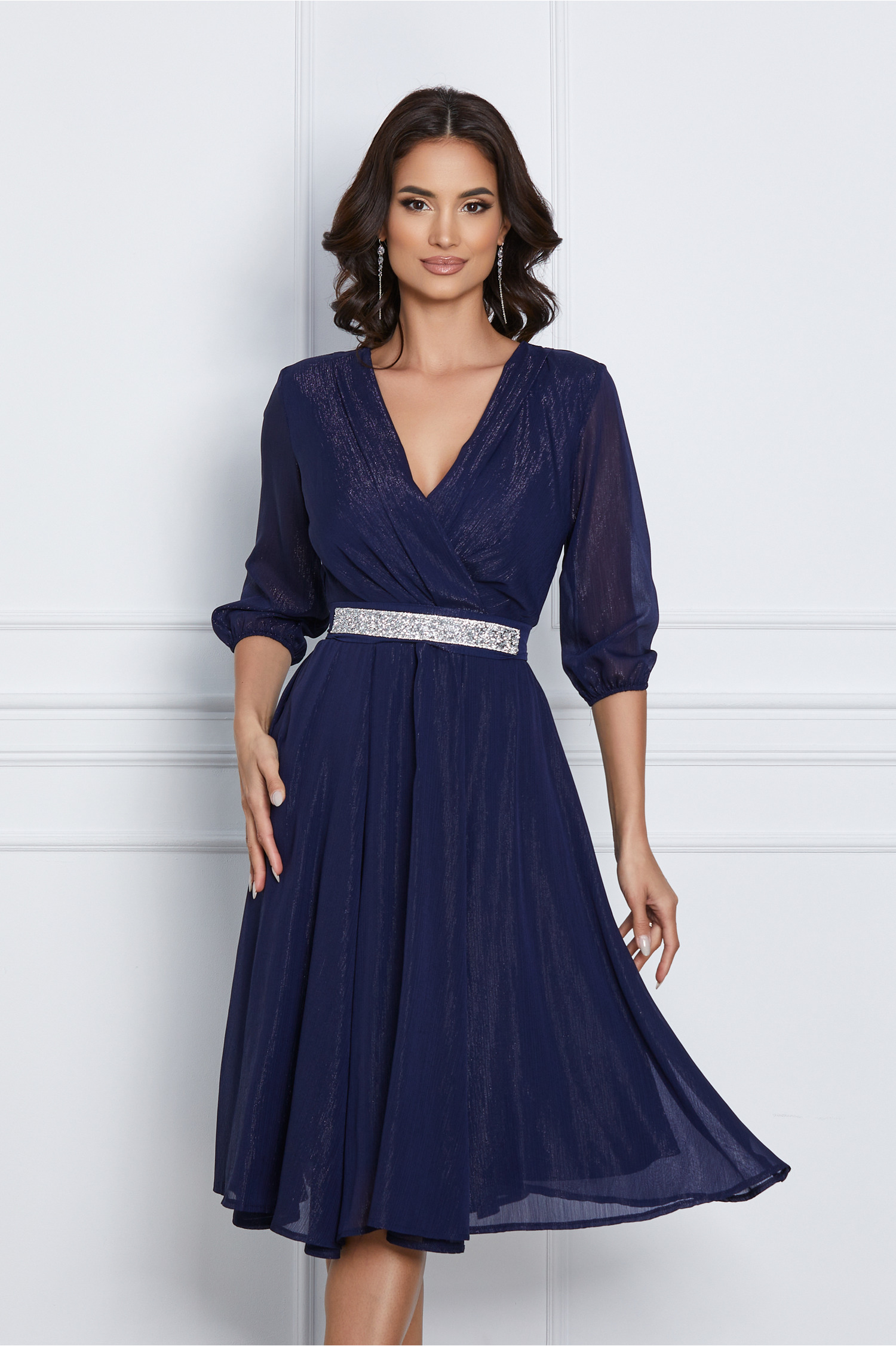 Rochie Ella Collection Julia bleumarin cu cordon stralucitor in talie