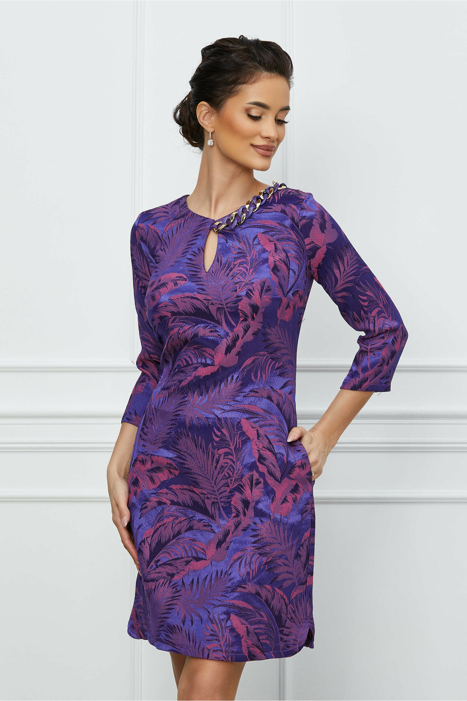 Rochie Ofelia mov cu frunze roz