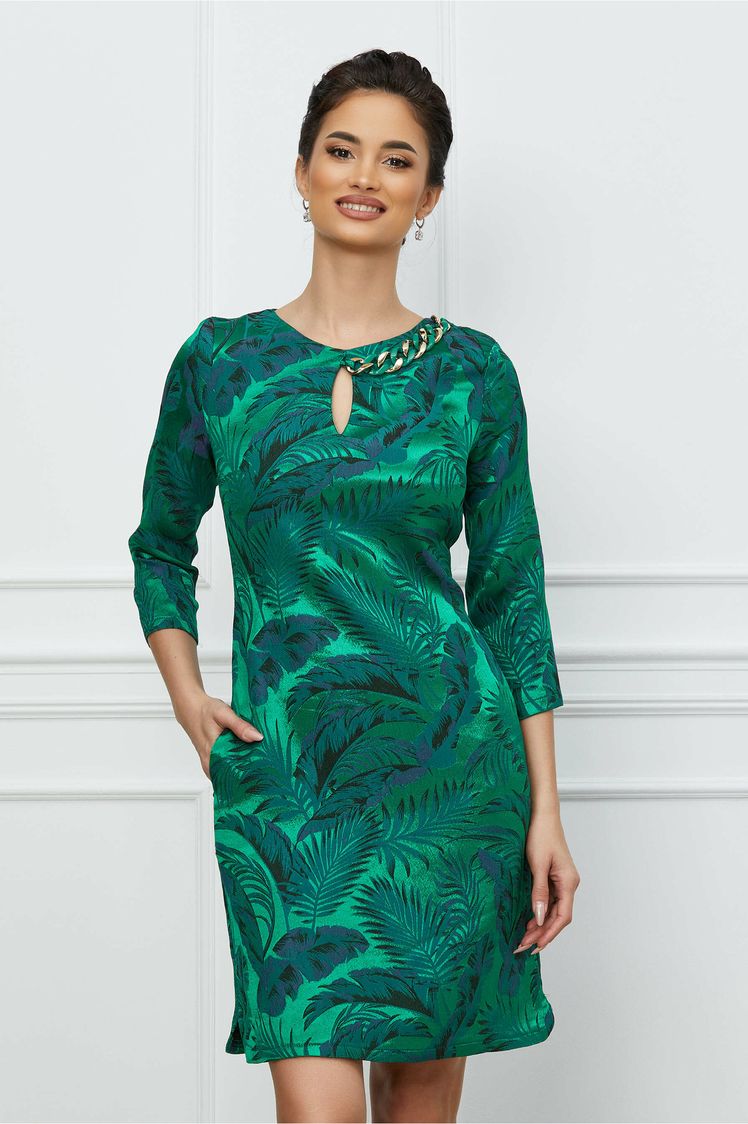 Rochie Ofelia verde cu frunze gri