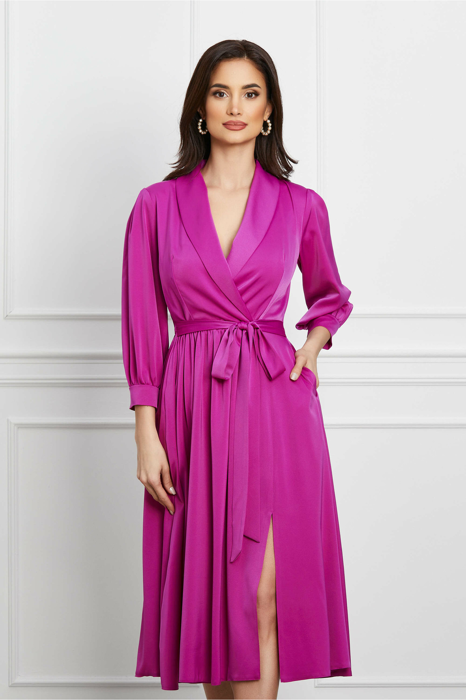 Rochie Moze fucsia din satin cu cordon in talie