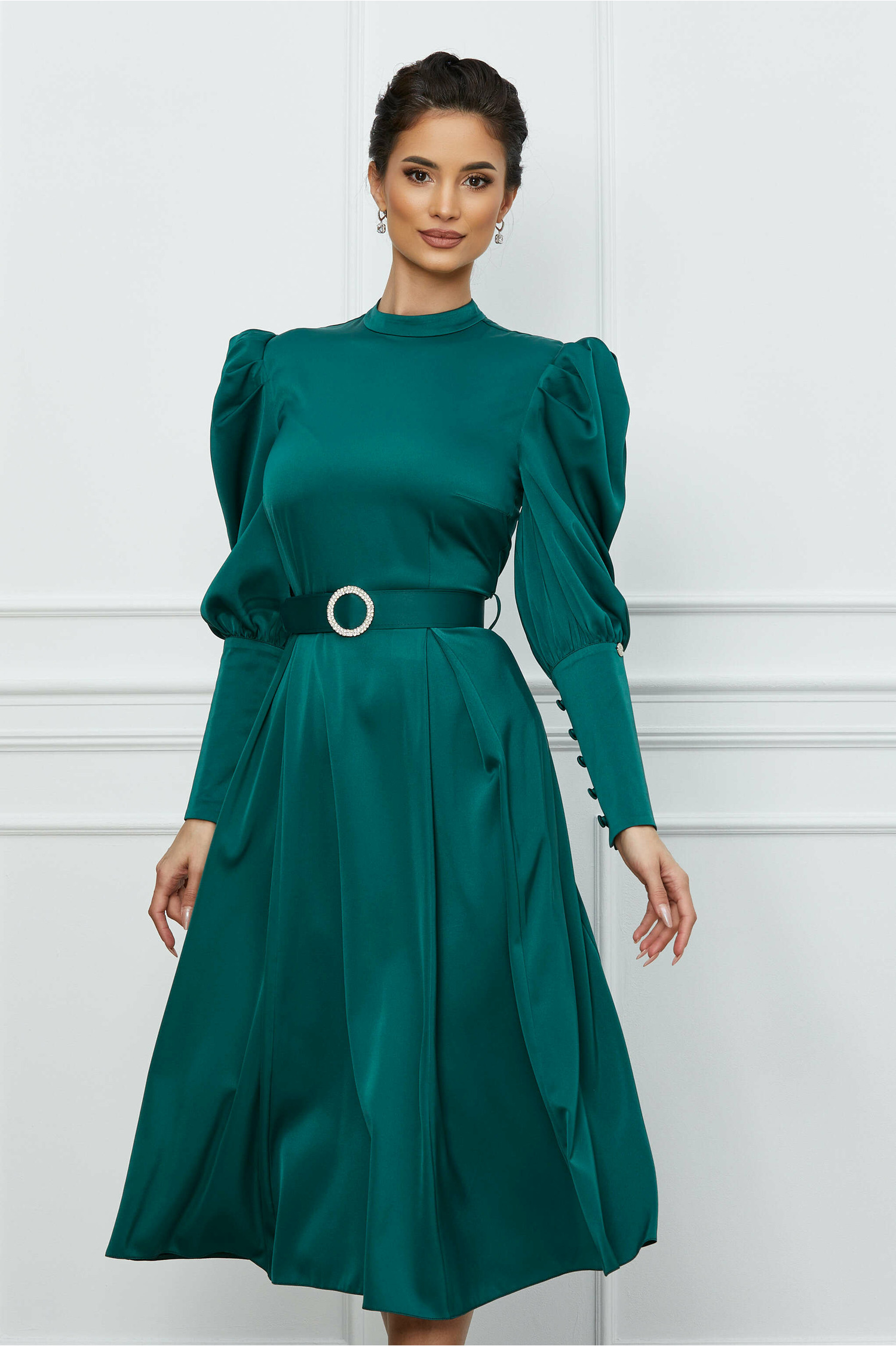 Rochie Dy Fashion verde cu umeri bufanti si curea in talie