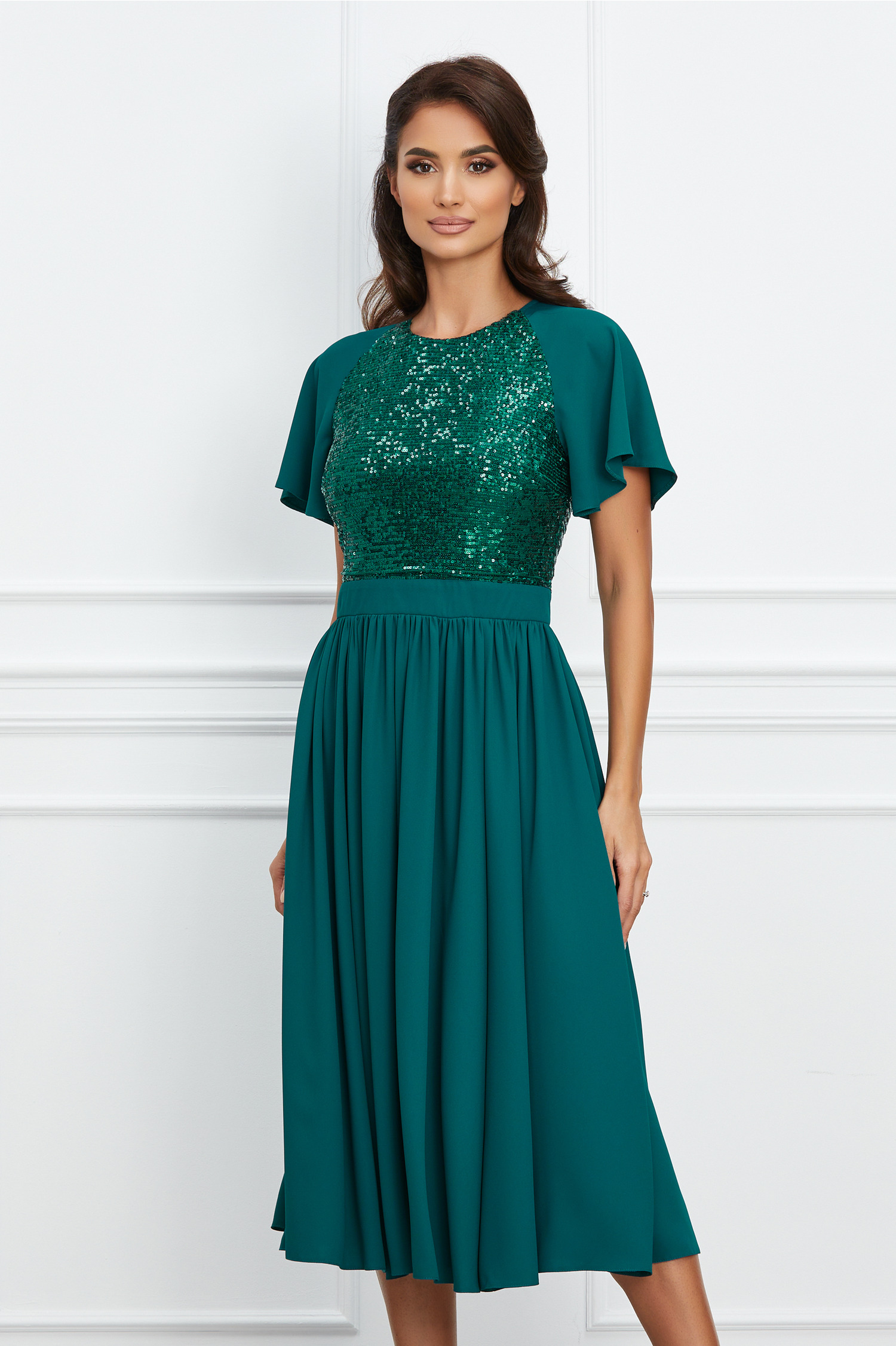 Rochie Dy Fashion verde vaporoasa cu paiete la bust