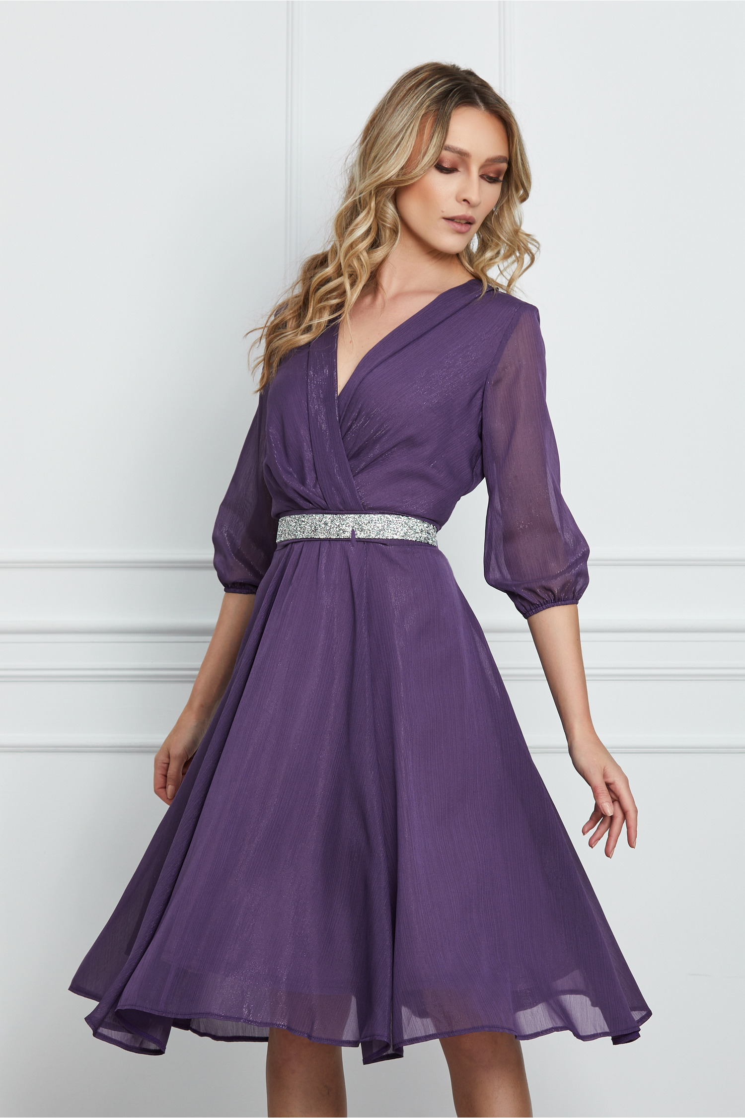 Rochie Ella Collection Julia mov cu cordon stralucitor in talie